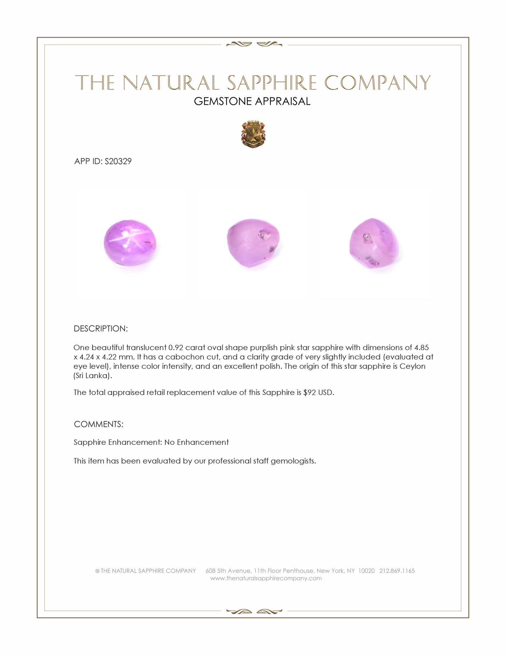 0.92 Ct. Purplish Pink Star Sapphire from Ceylon (Sri Lanka)