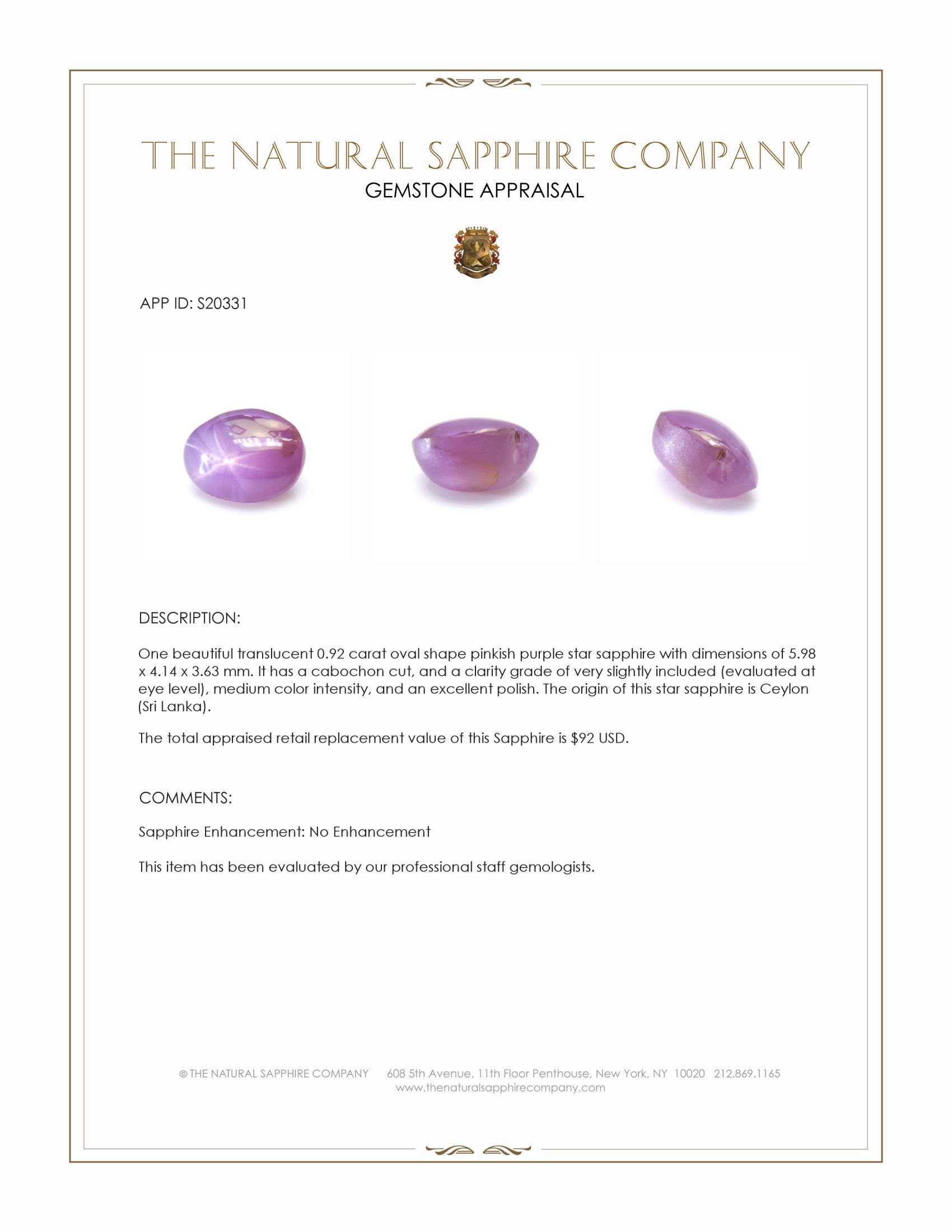 0.92 Ct. Pinkish Purple Star Sapphire from Ceylon (Sri Lanka)