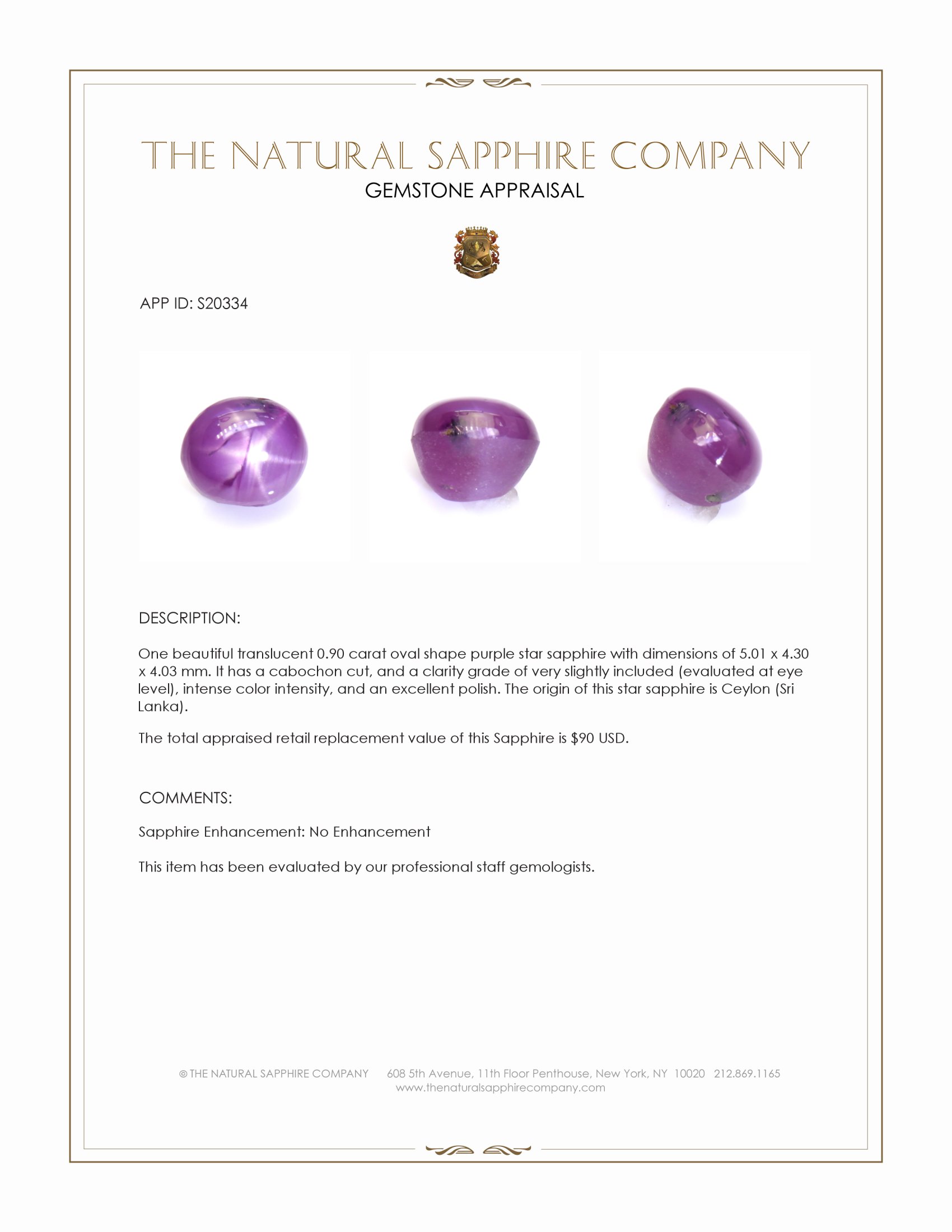 0.90 Ct. Purple Star Sapphire from Ceylon (Sri Lanka)