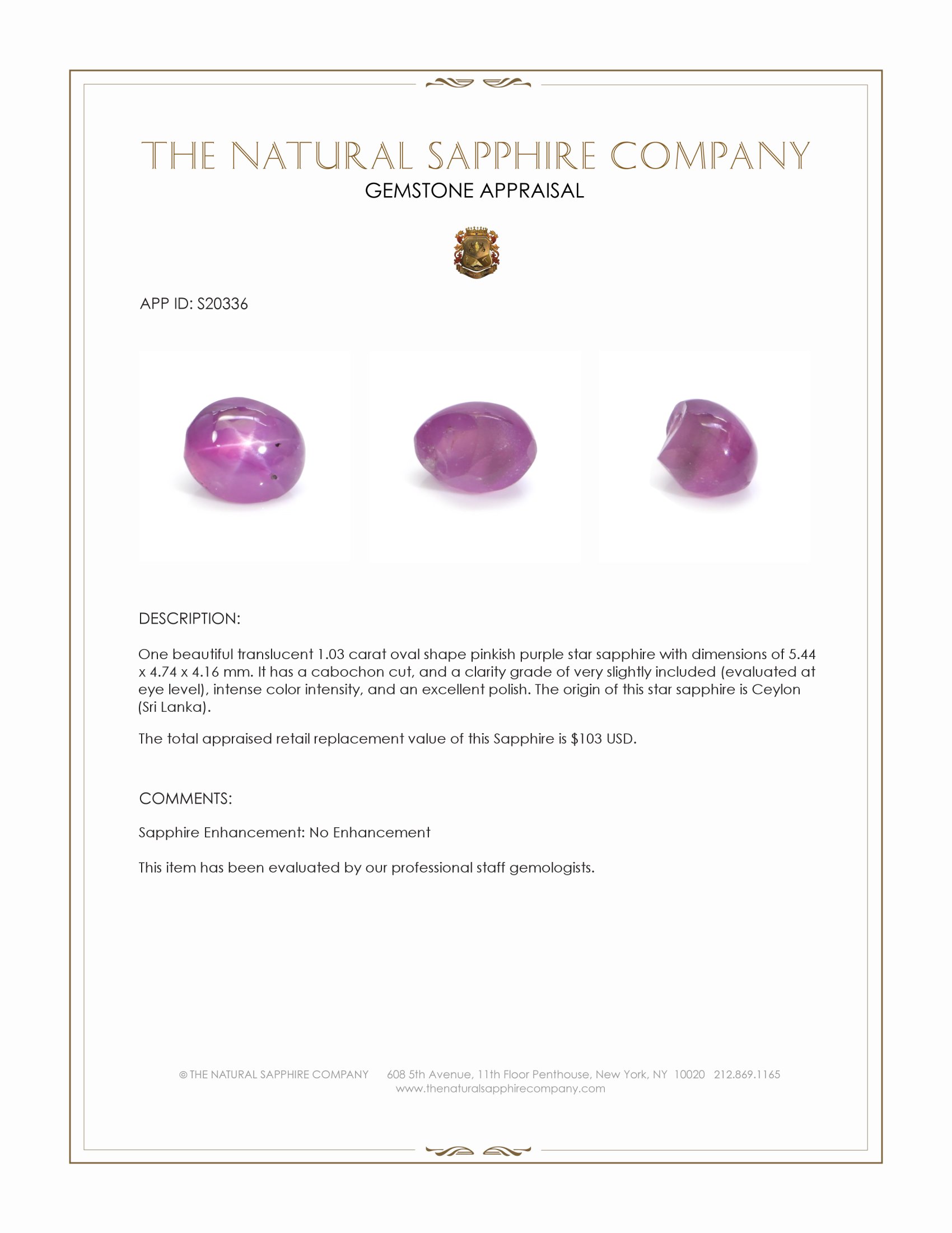 1.03 Ct. Pinkish Purple Star Sapphire from Ceylon (Sri Lanka)