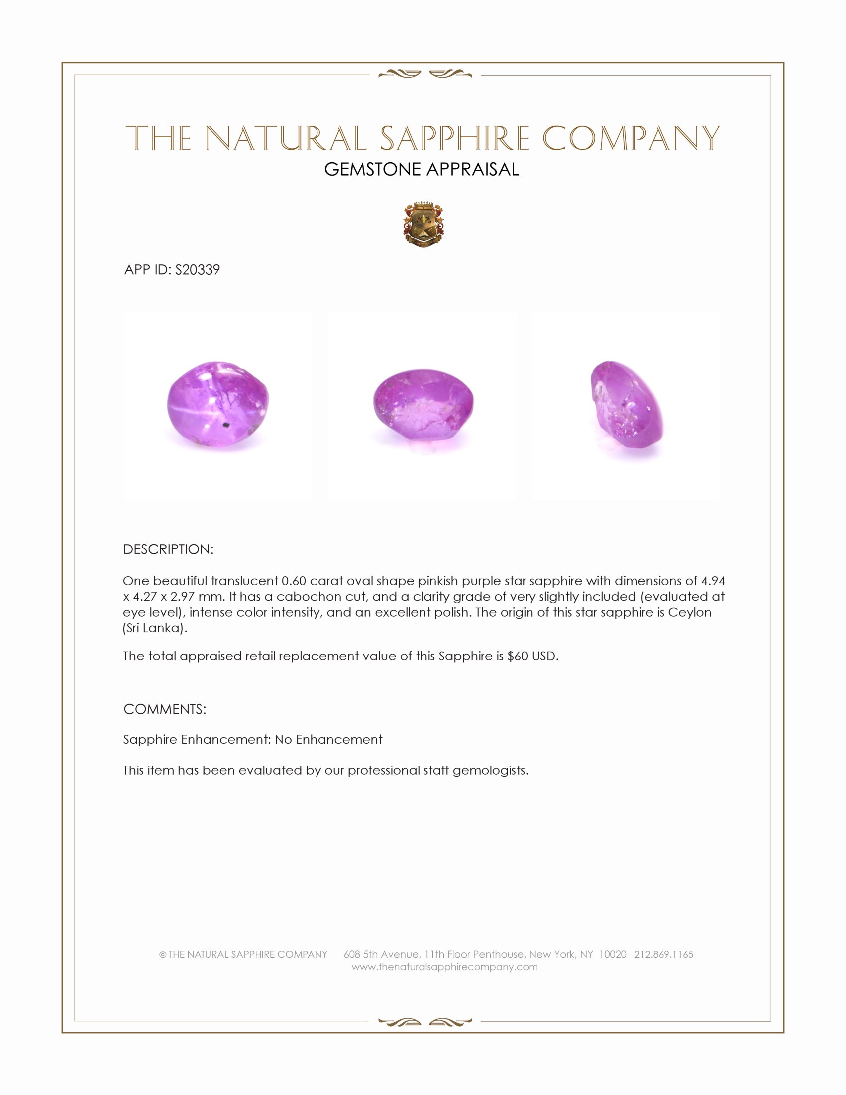 0.60 Ct. Pinkish Purple Star Sapphire from Ceylon (Sri Lanka)