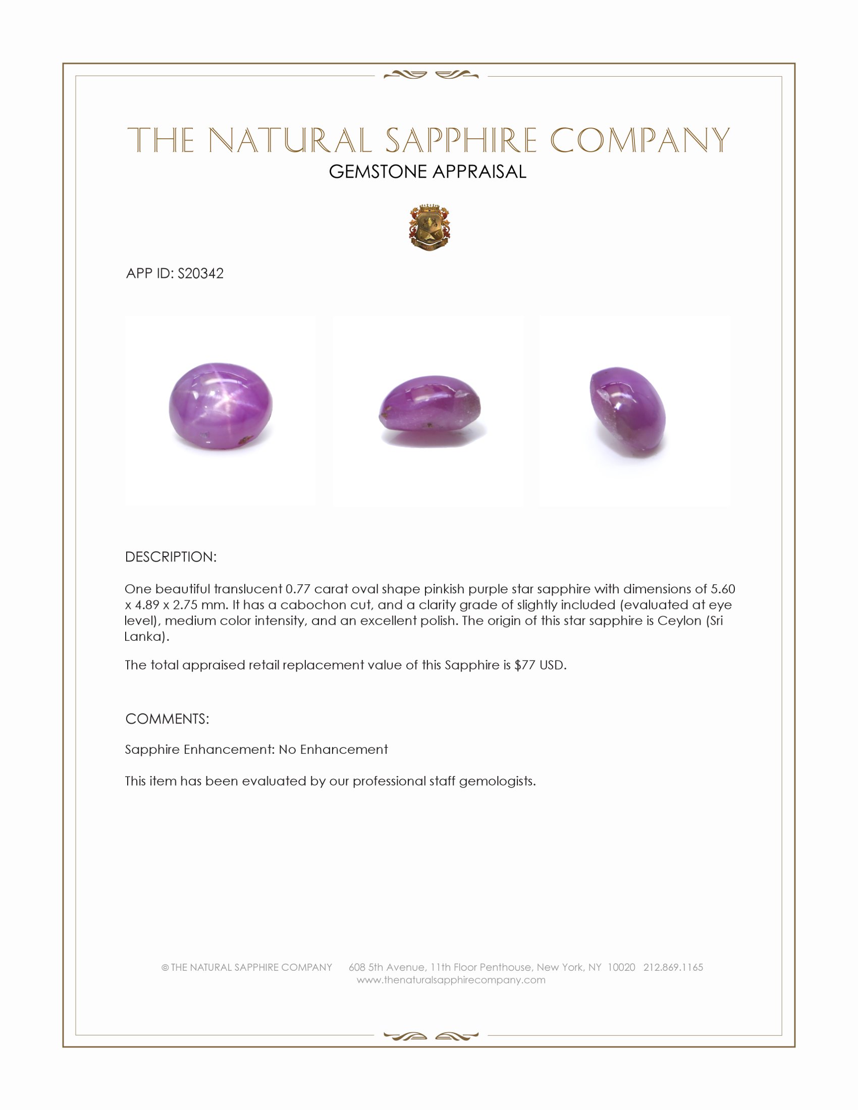 0.77 Ct. Pinkish Purple Star Sapphire from Ceylon (Sri Lanka)