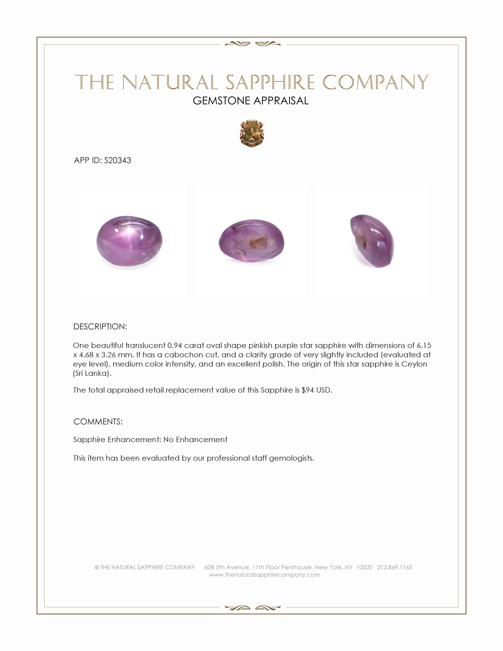 0.94 Ct. Pinkish Purple Star Sapphire from Ceylon (Sri Lanka)