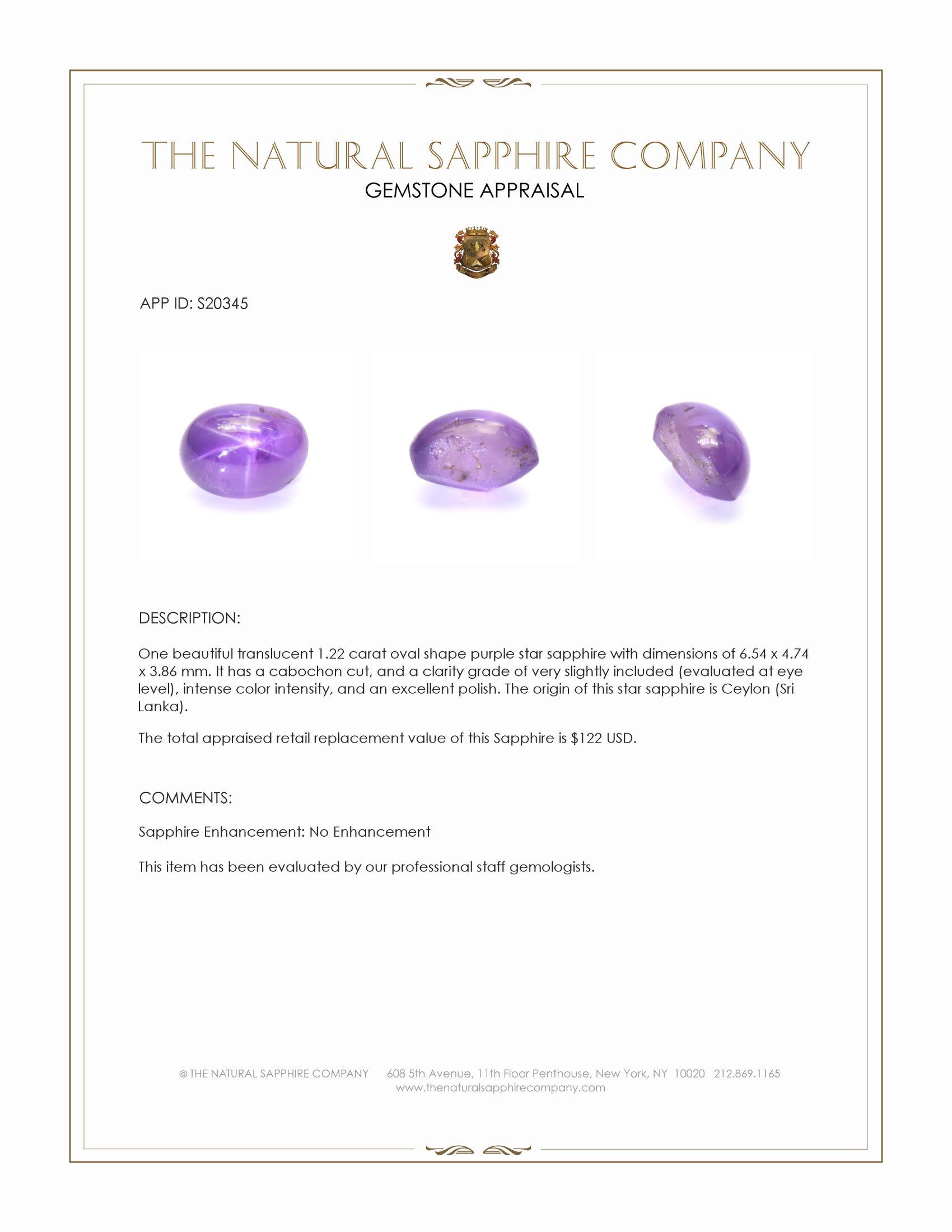 1.22 Ct. Purple Star Sapphire from Ceylon (Sri Lanka)