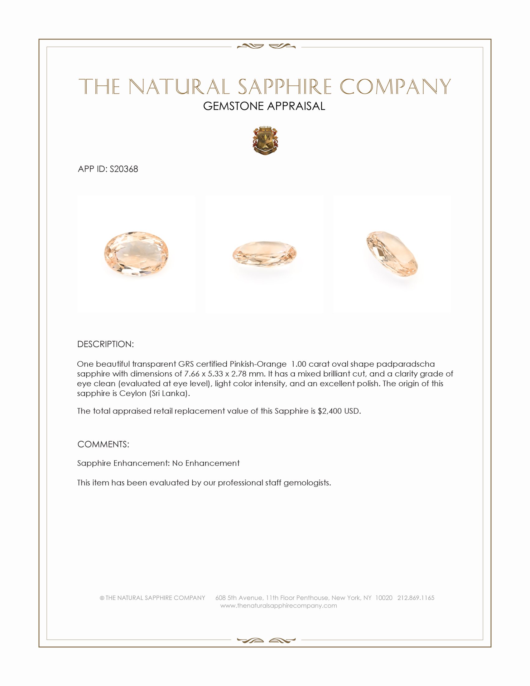 1.00 Ct. Padparadscha Sapphire from Ceylon (Sri Lanka)