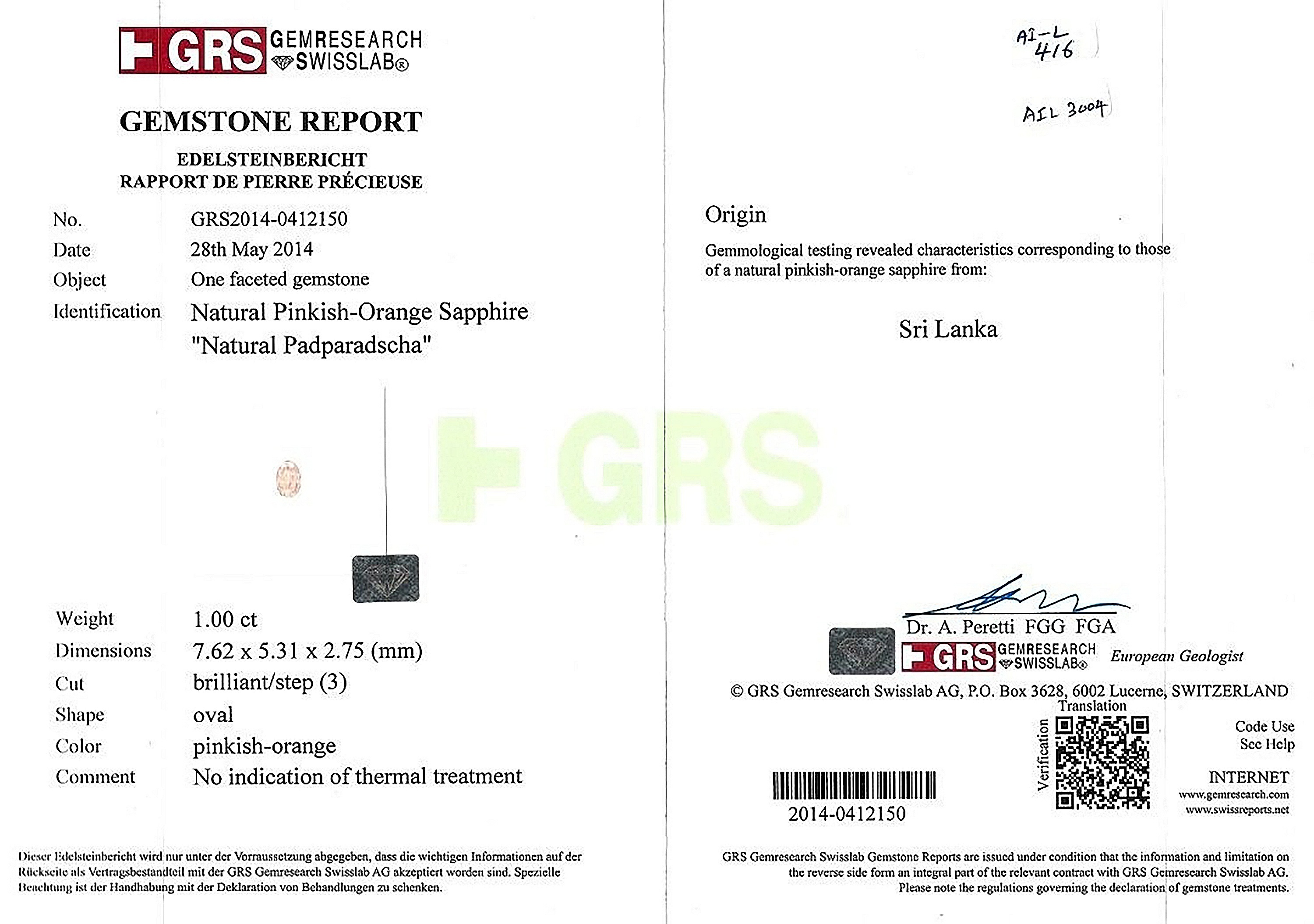 1.00 Ct. Padparadscha Sapphire from Ceylon (Sri Lanka)