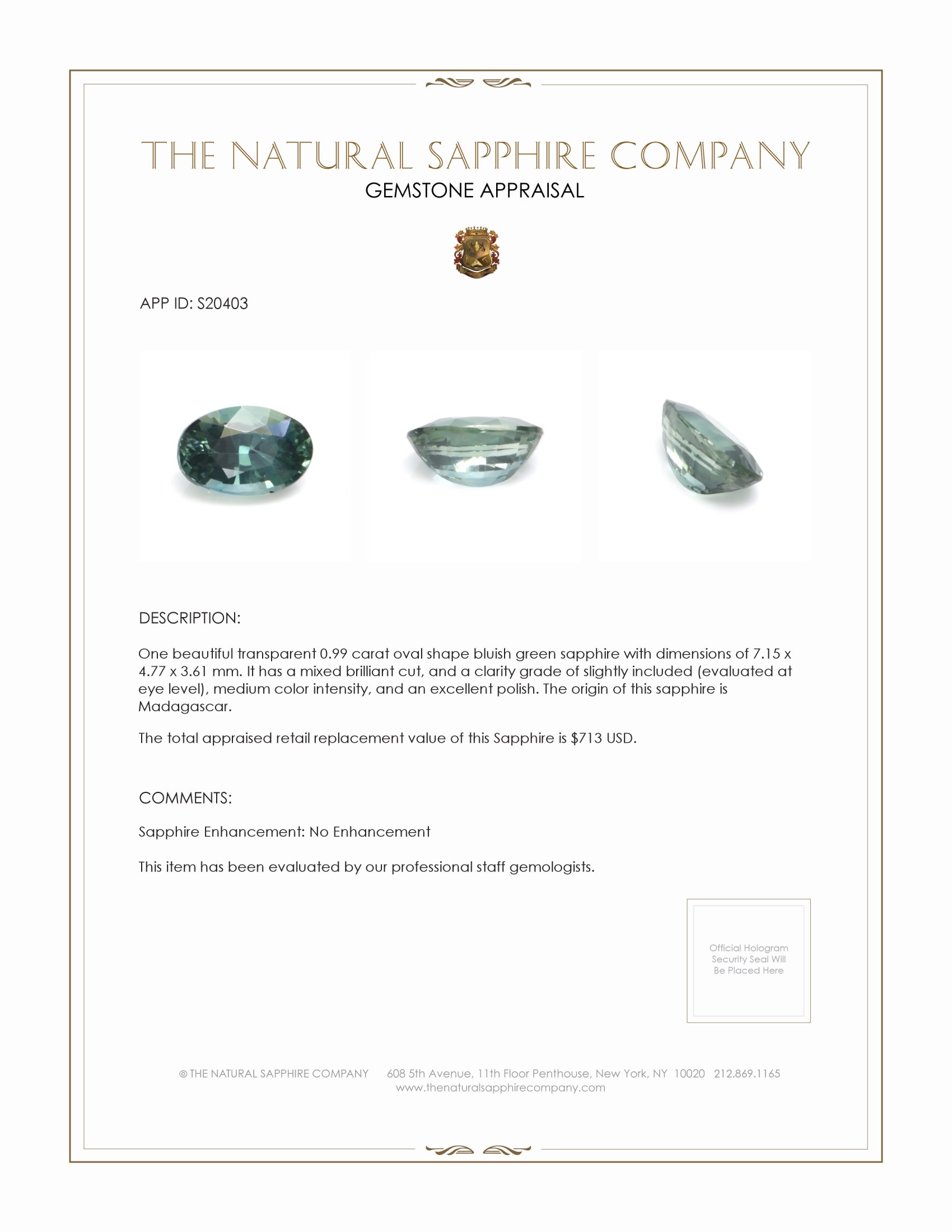 0.99 Ct. Bluish Green Sapphire from Madagascar