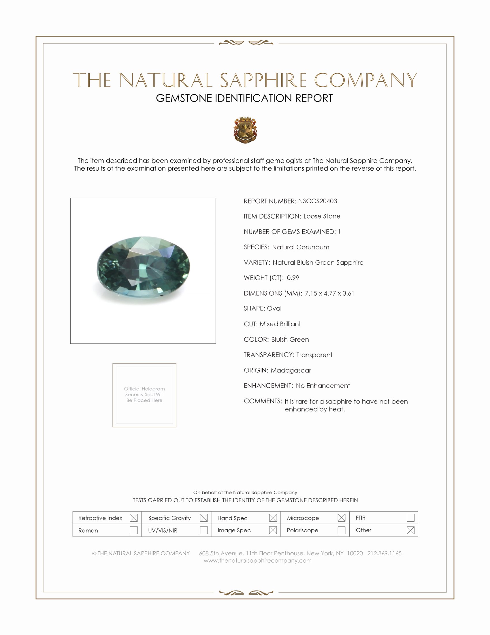 0.99 Ct. Bluish Green Sapphire from Madagascar