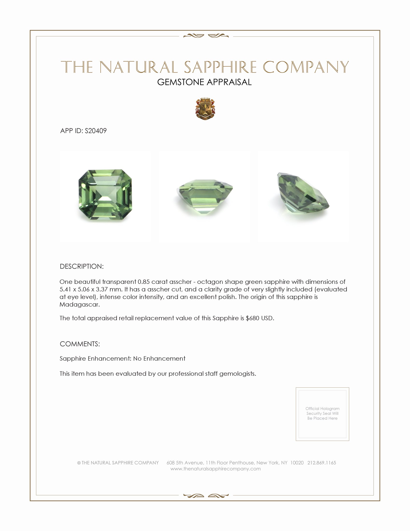 0.85 Ct. Green Sapphire from Madagascar
