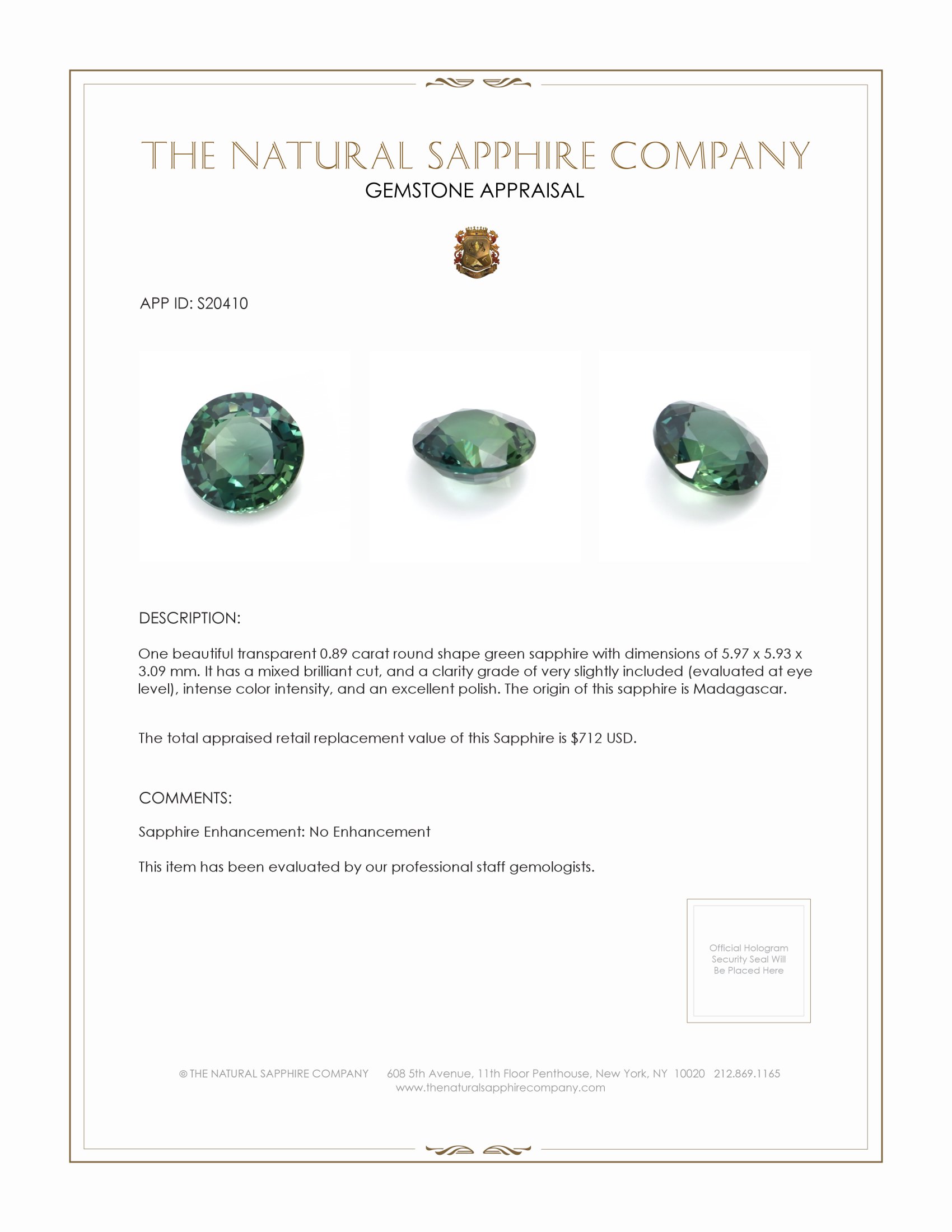 0.89 Ct. Green Sapphire from Madagascar