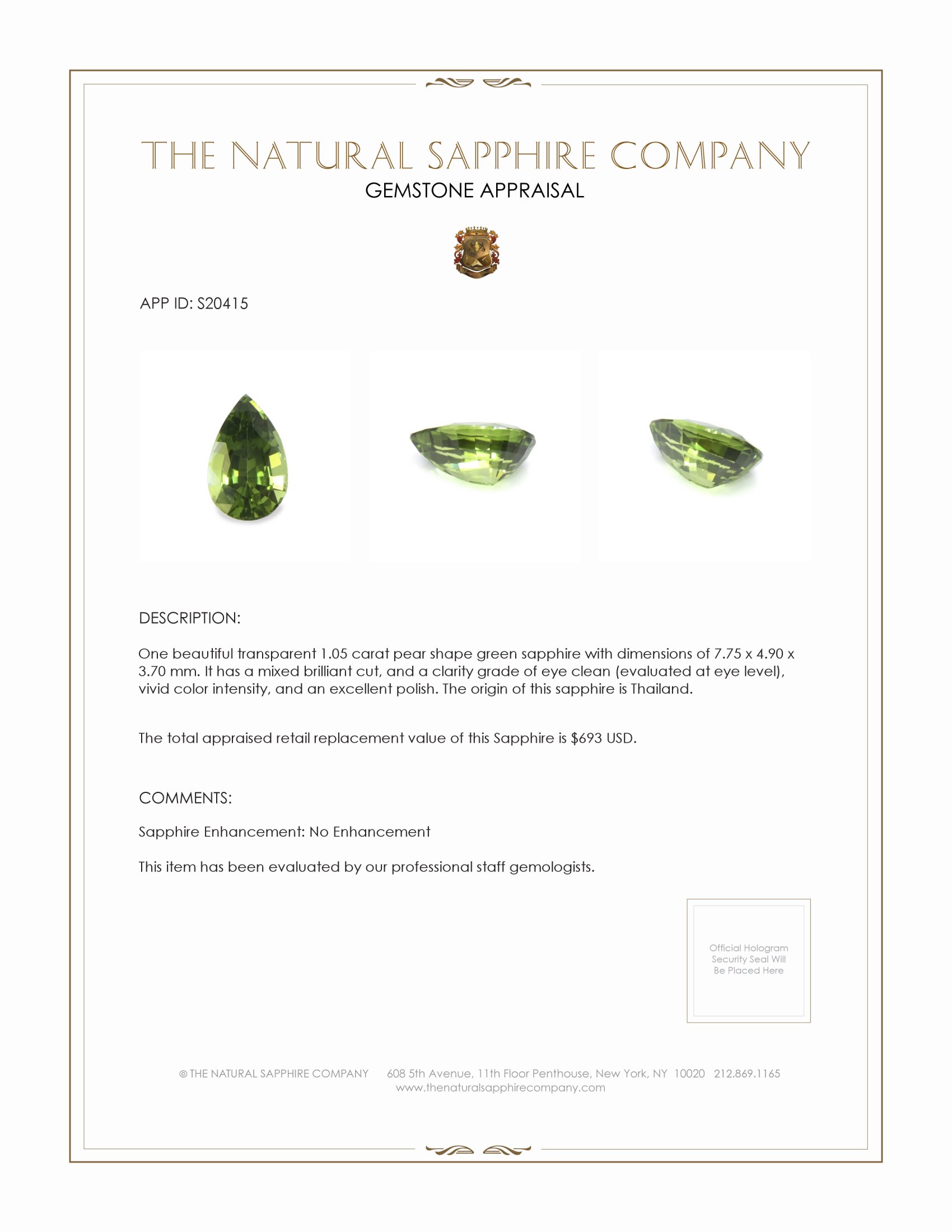 1.05 Ct. Green Sapphire from Thailand