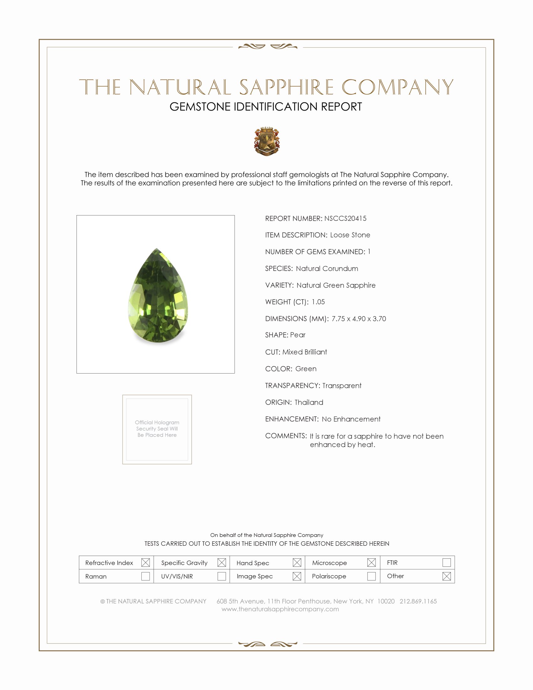 1.05 Ct. Green Sapphire from Thailand