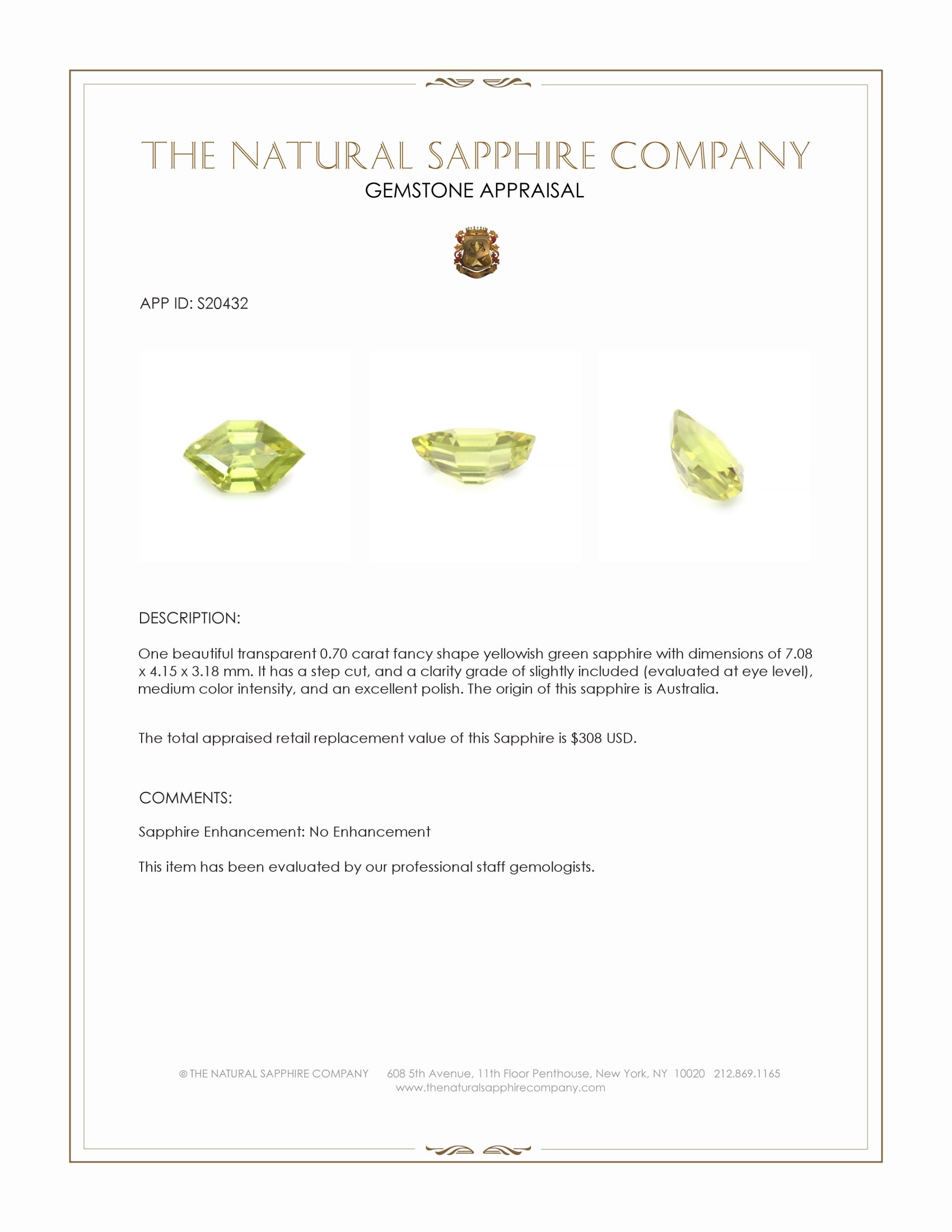 0.70 Ct. Yellowish Green Sapphire from Australia