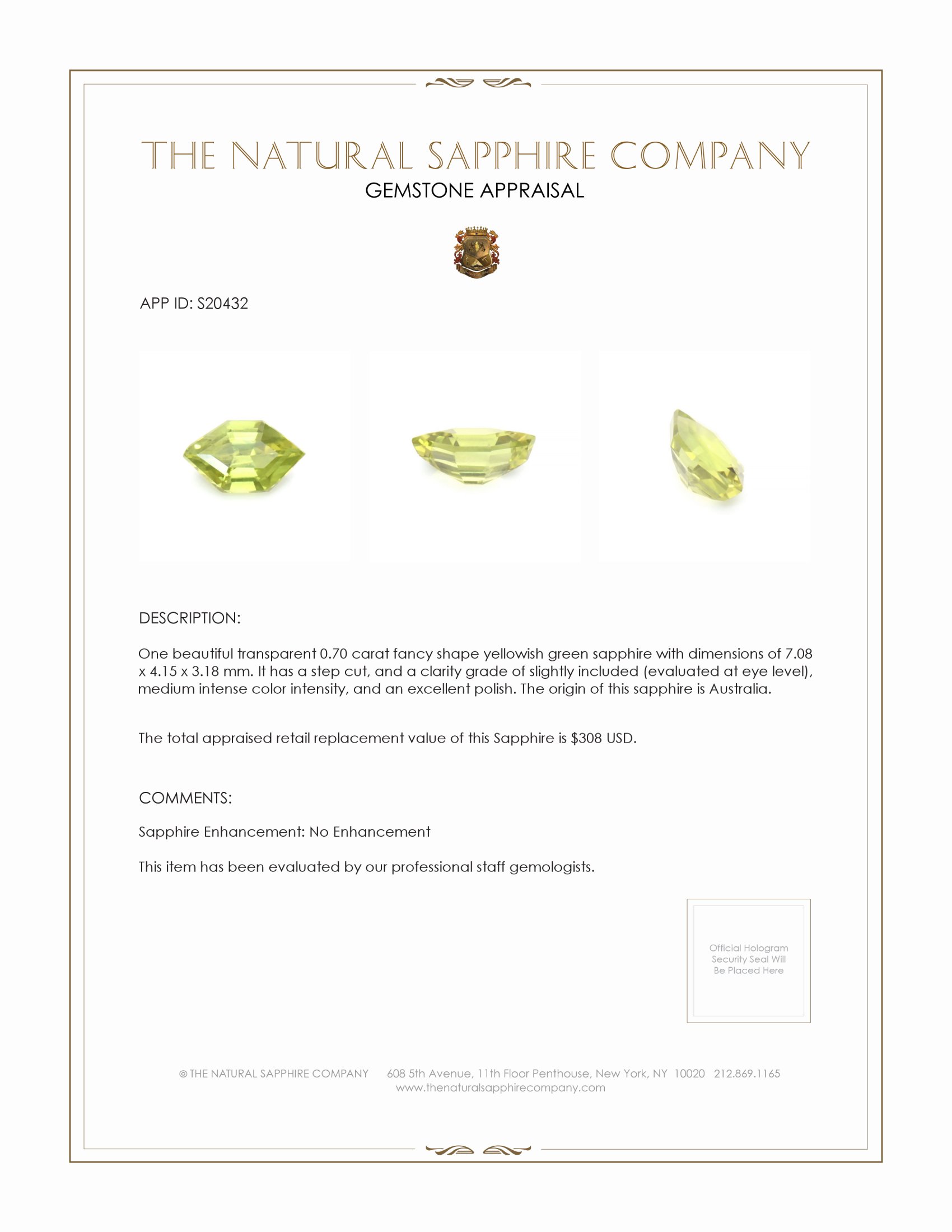 0.70 Ct. Yellowish Green Sapphire from Australia