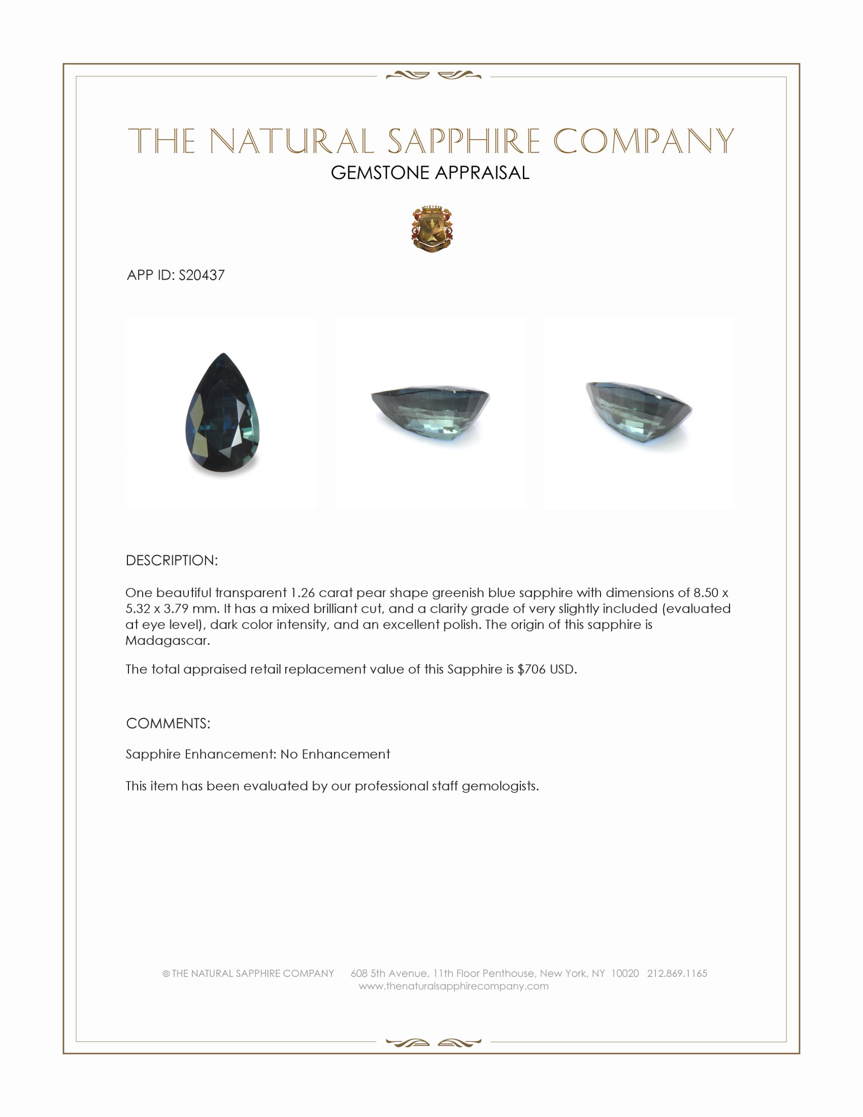 1.26 Ct. Greenish Blue Sapphire from Madagascar