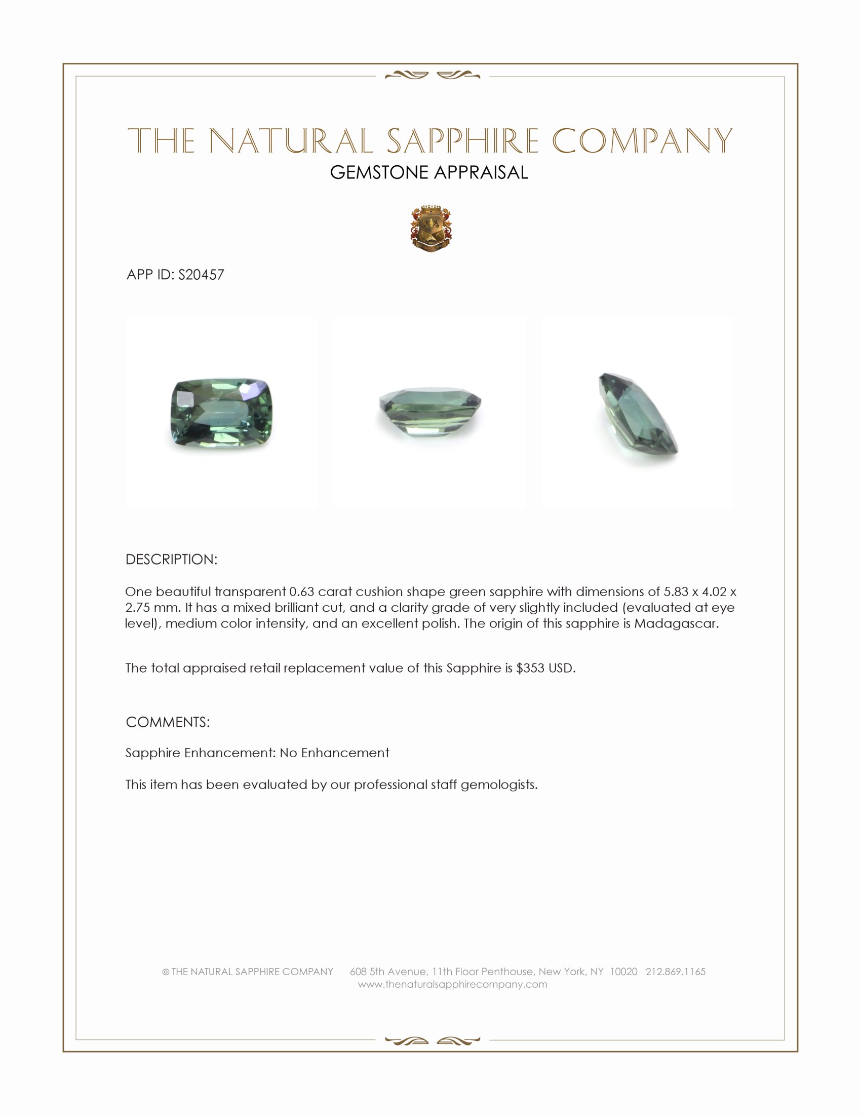 0.63 Ct. Green Sapphire from Madagascar