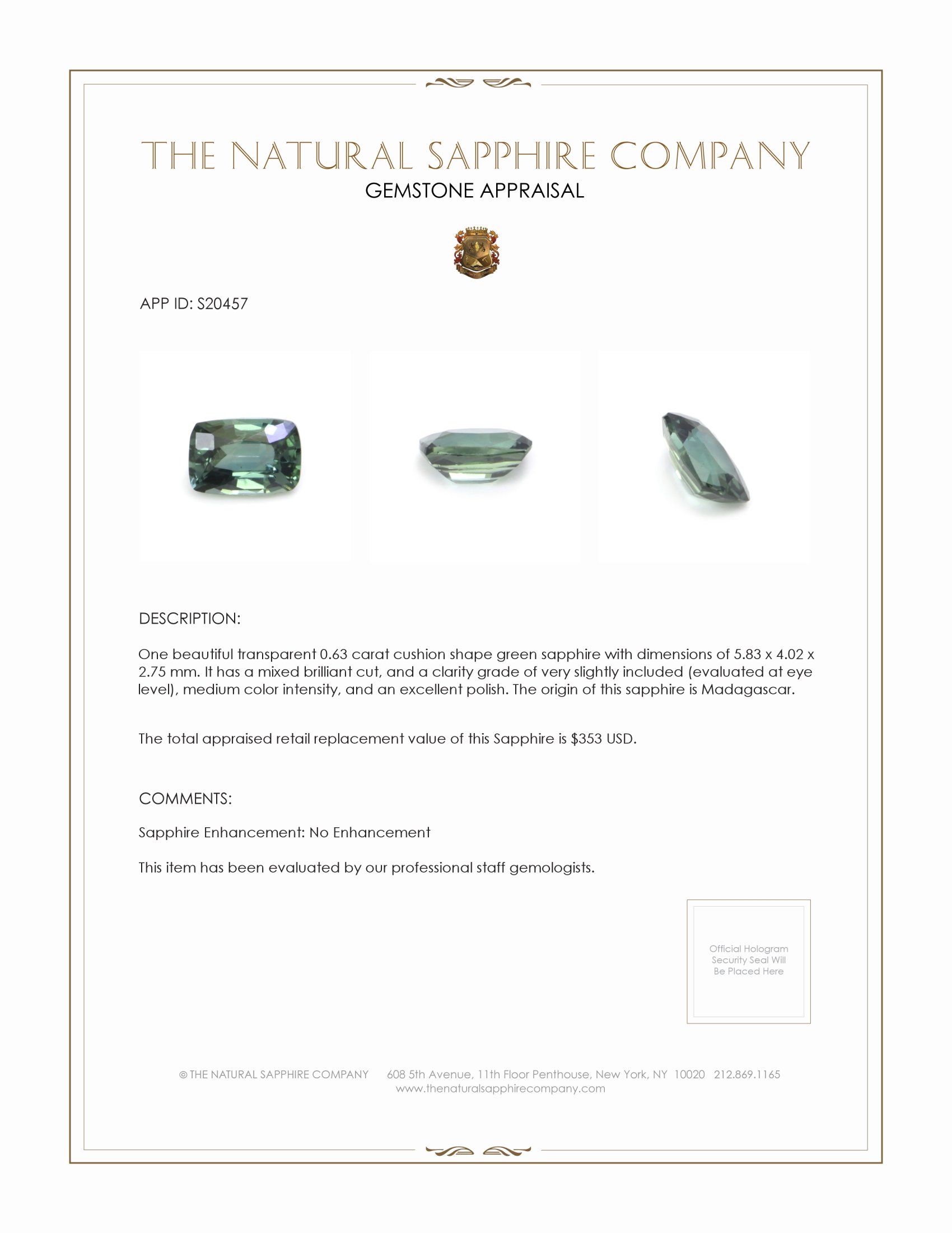0.63 Ct. Green Sapphire from Madagascar