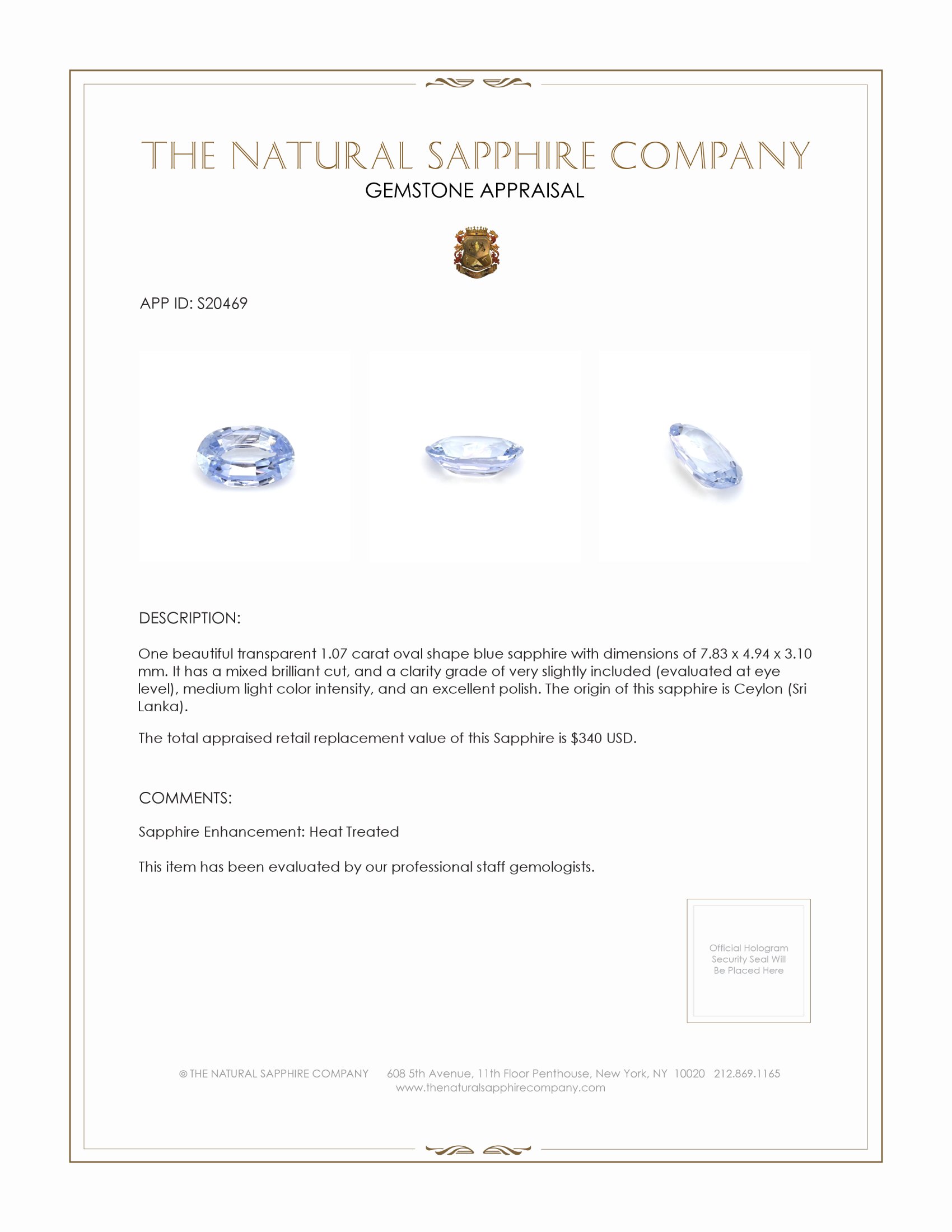 1.07 Ct. Blue Sapphire from Ceylon (Sri Lanka)