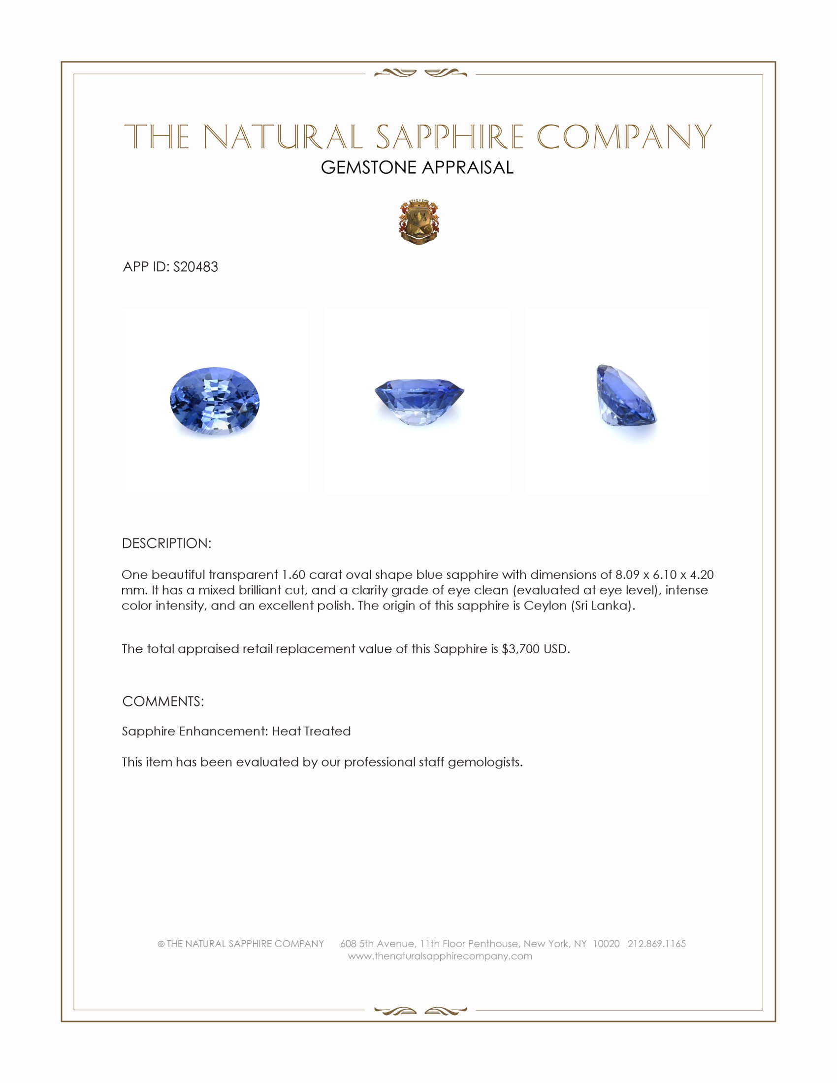 1.60 Ct. Blue Sapphire from Ceylon (Sri Lanka)