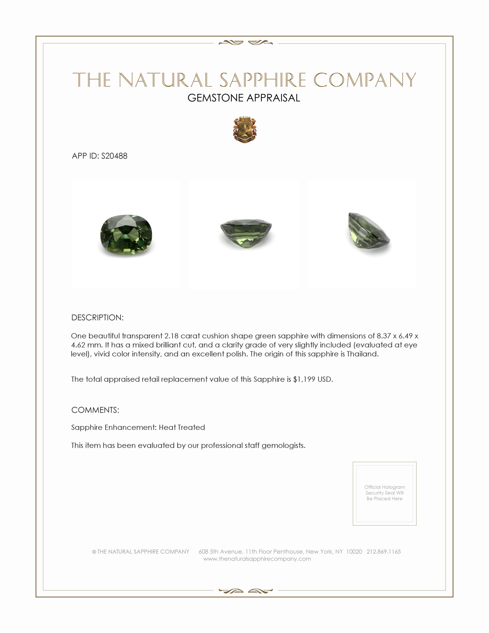 2.18 Ct. Green Sapphire from Thailand