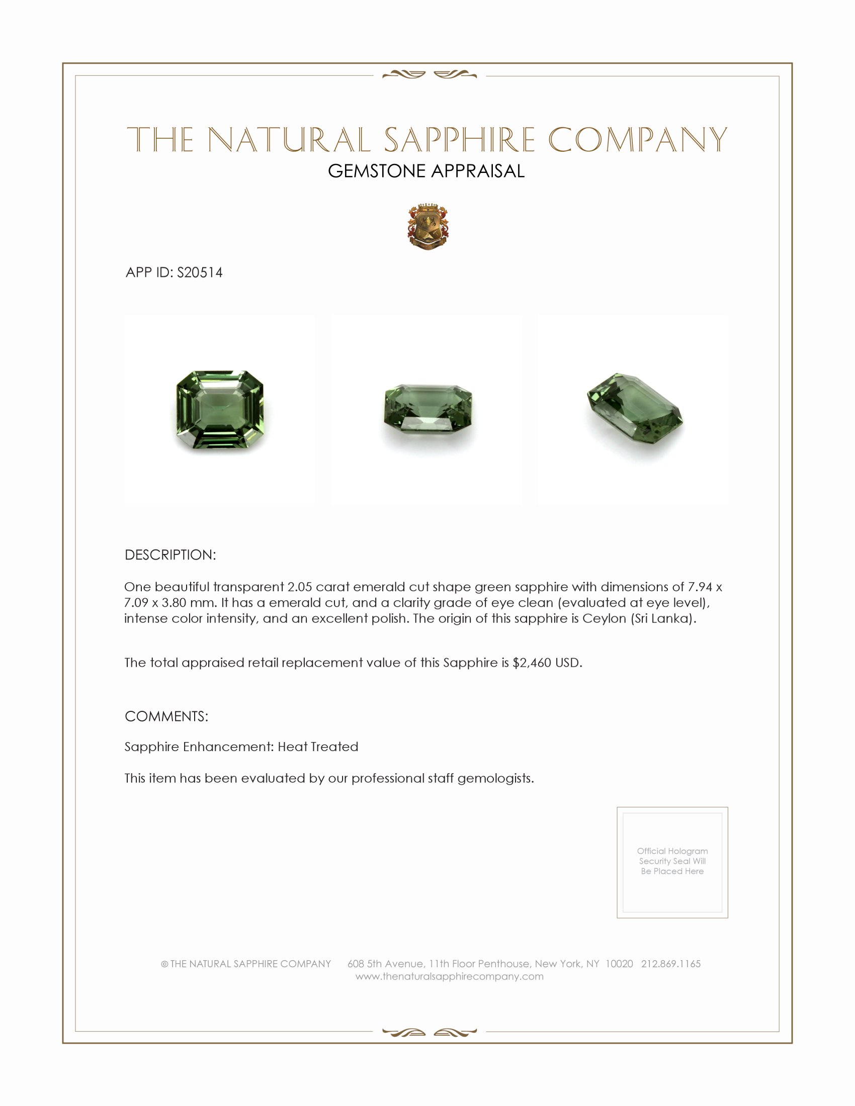 2.05 Ct. Green Sapphire from Ceylon (Sri Lanka)