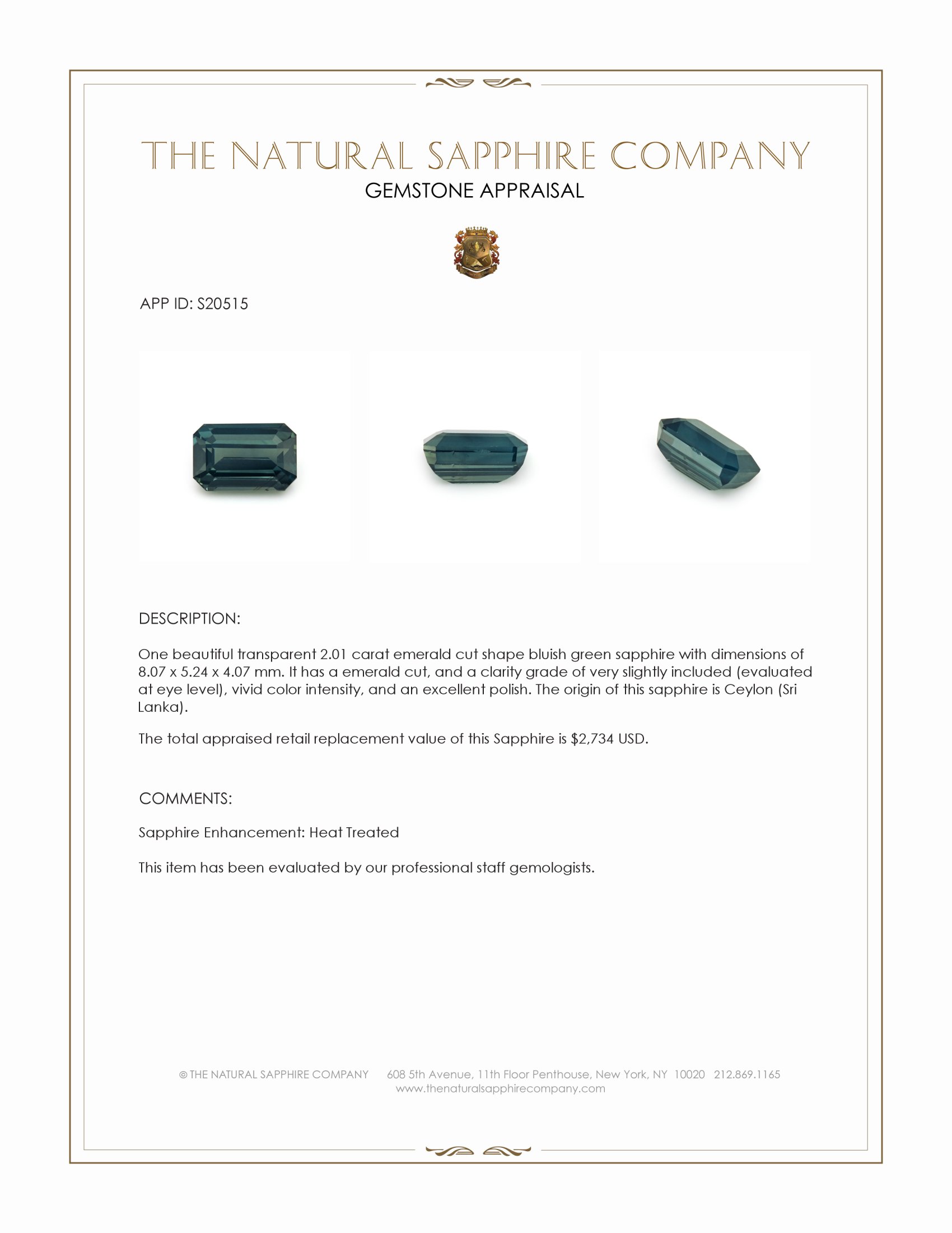 2.01 Ct. Bluish Green Sapphire from Ceylon (Sri Lanka)