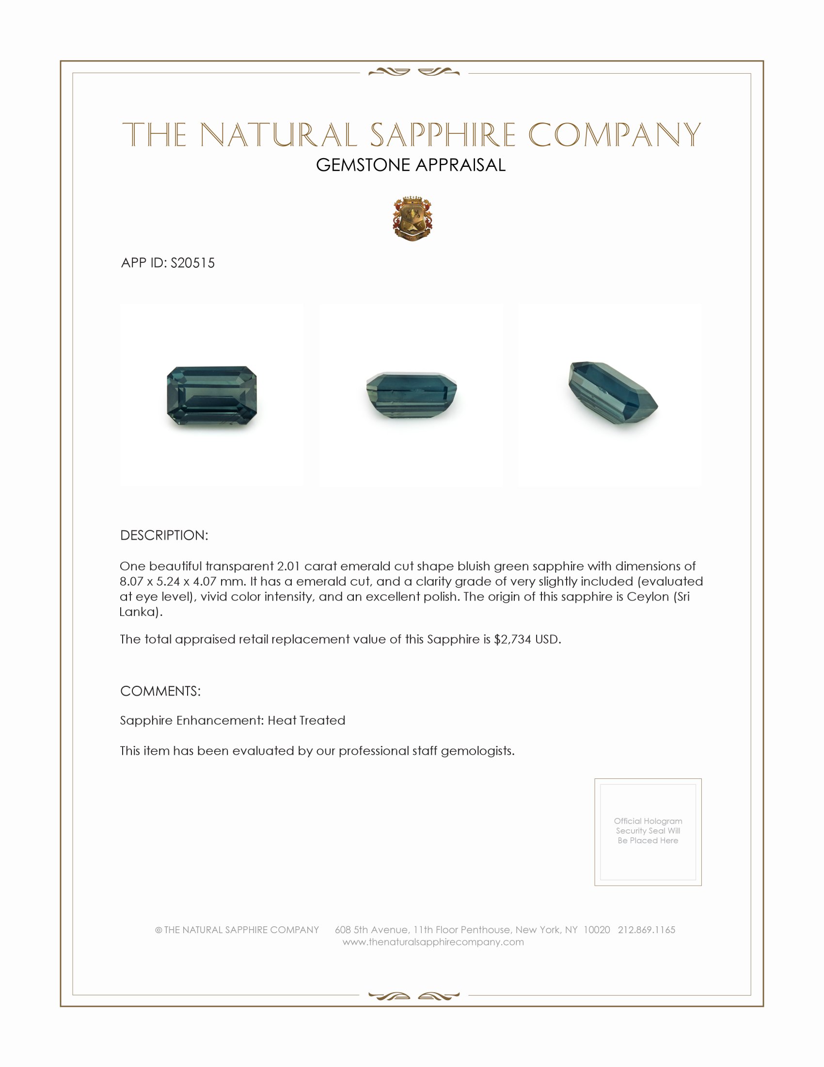 2.01 Ct. Bluish Green Sapphire from Ceylon (Sri Lanka)