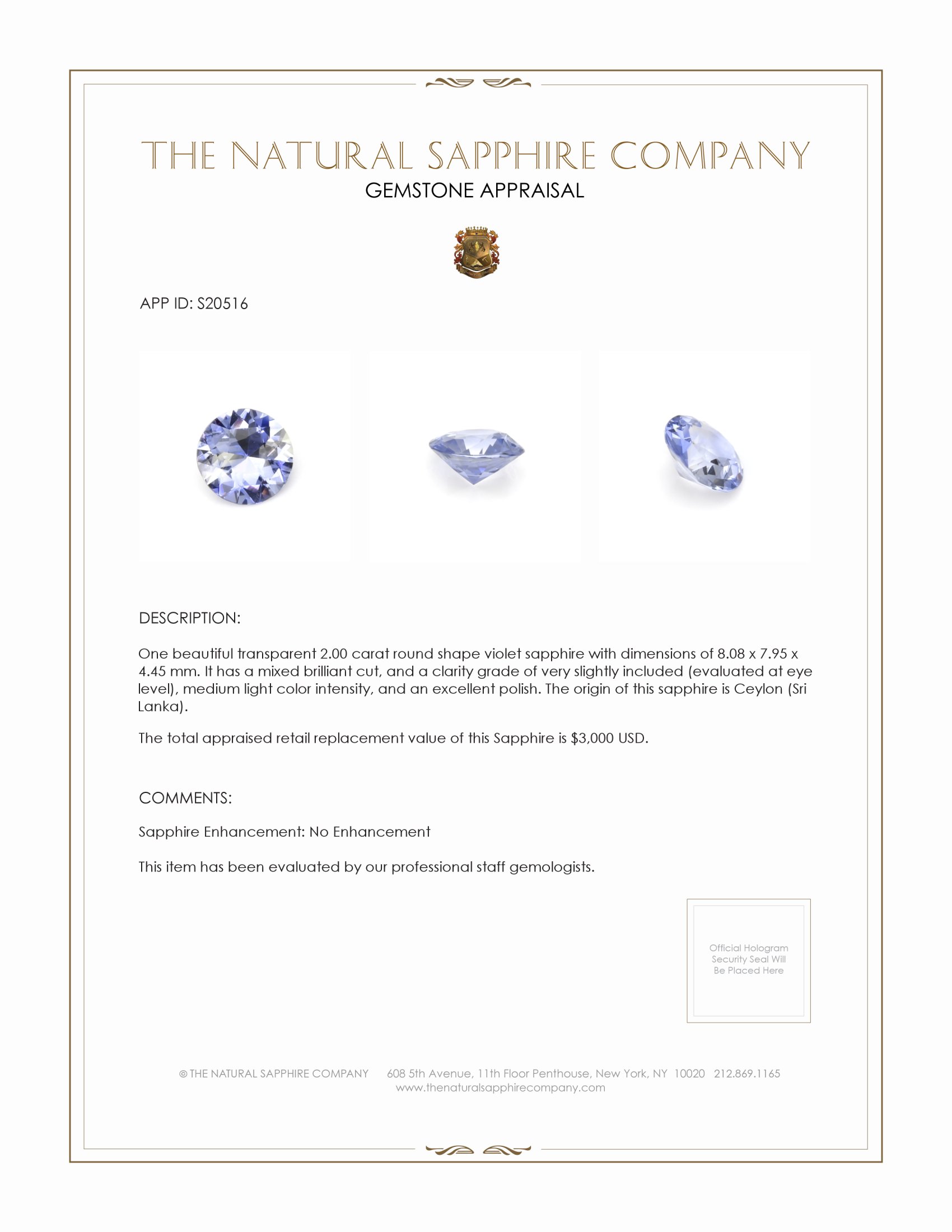 2.00 Ct. Violet Sapphire from Ceylon (Sri Lanka)