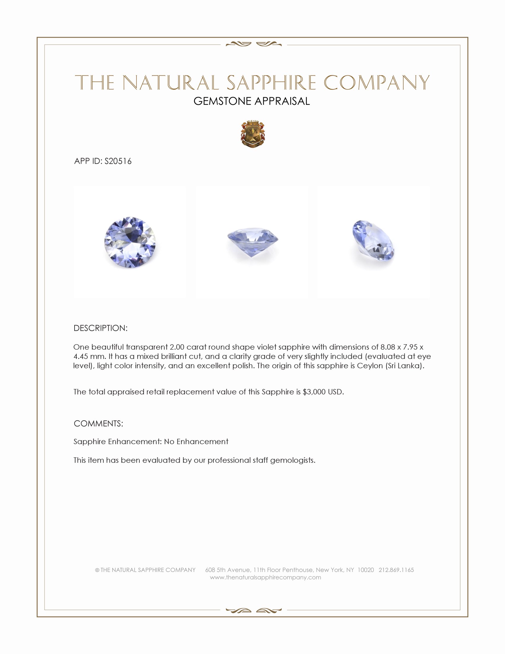 2.00 Ct. Violet Sapphire from Ceylon (Sri Lanka)