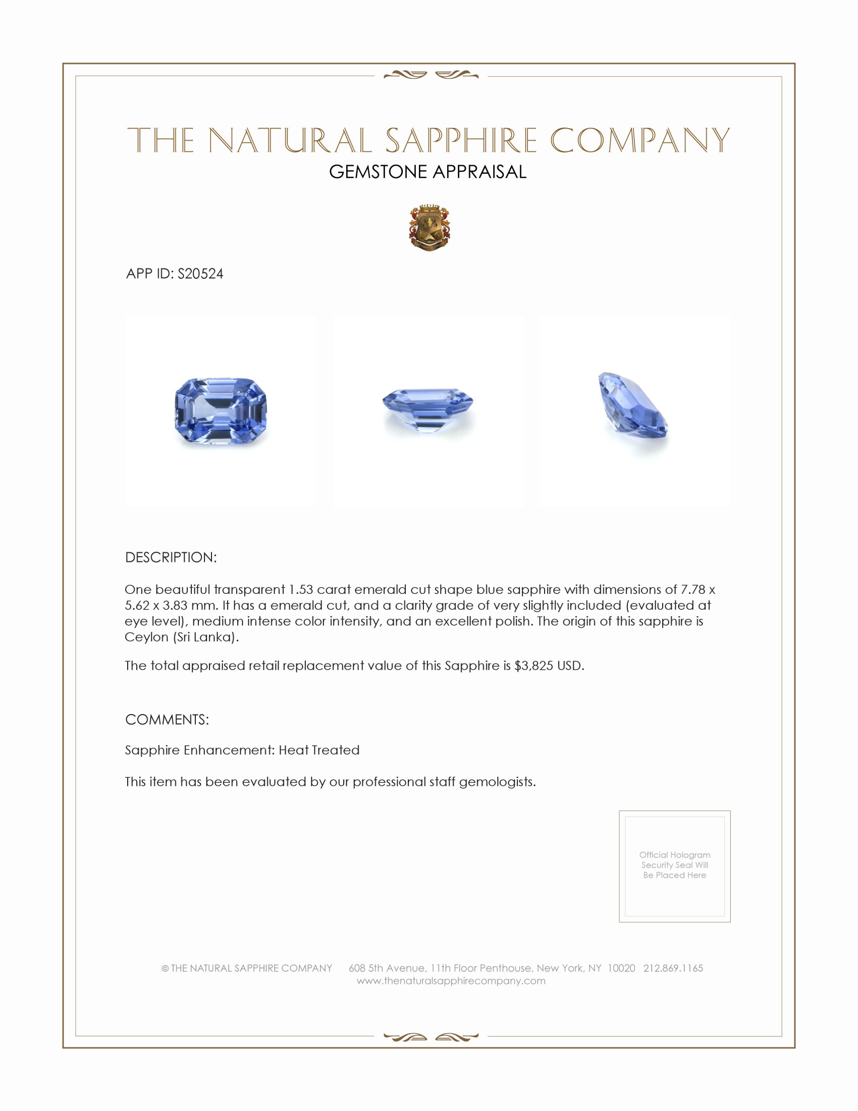 1.53 Ct. Blue Sapphire from Ceylon (Sri Lanka)