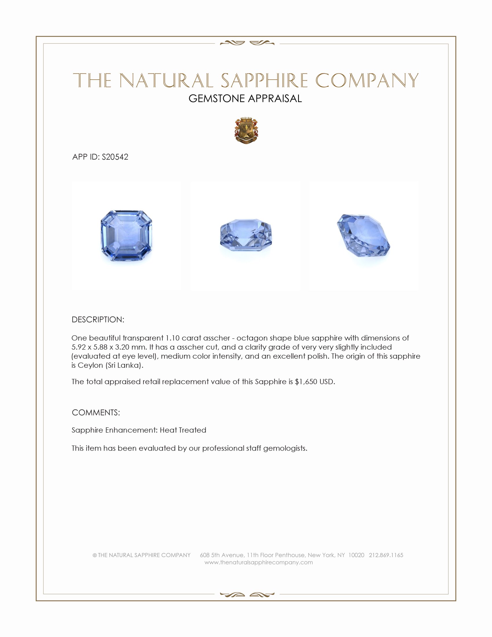 1.10 Ct. Blue Sapphire from Ceylon (Sri Lanka)