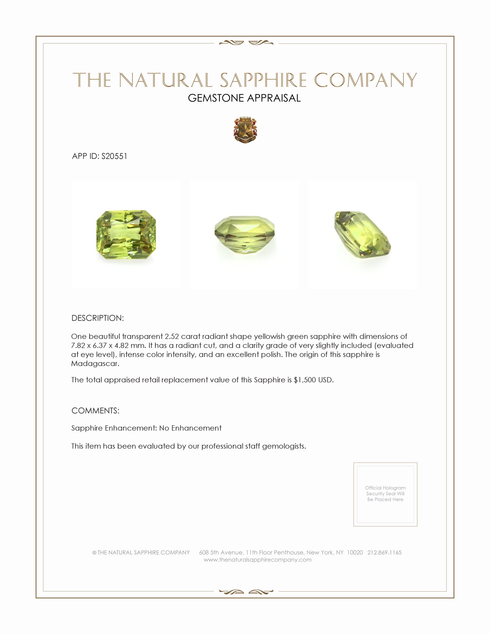 2.52 Ct. Yellowish Green Sapphire from Madagascar
