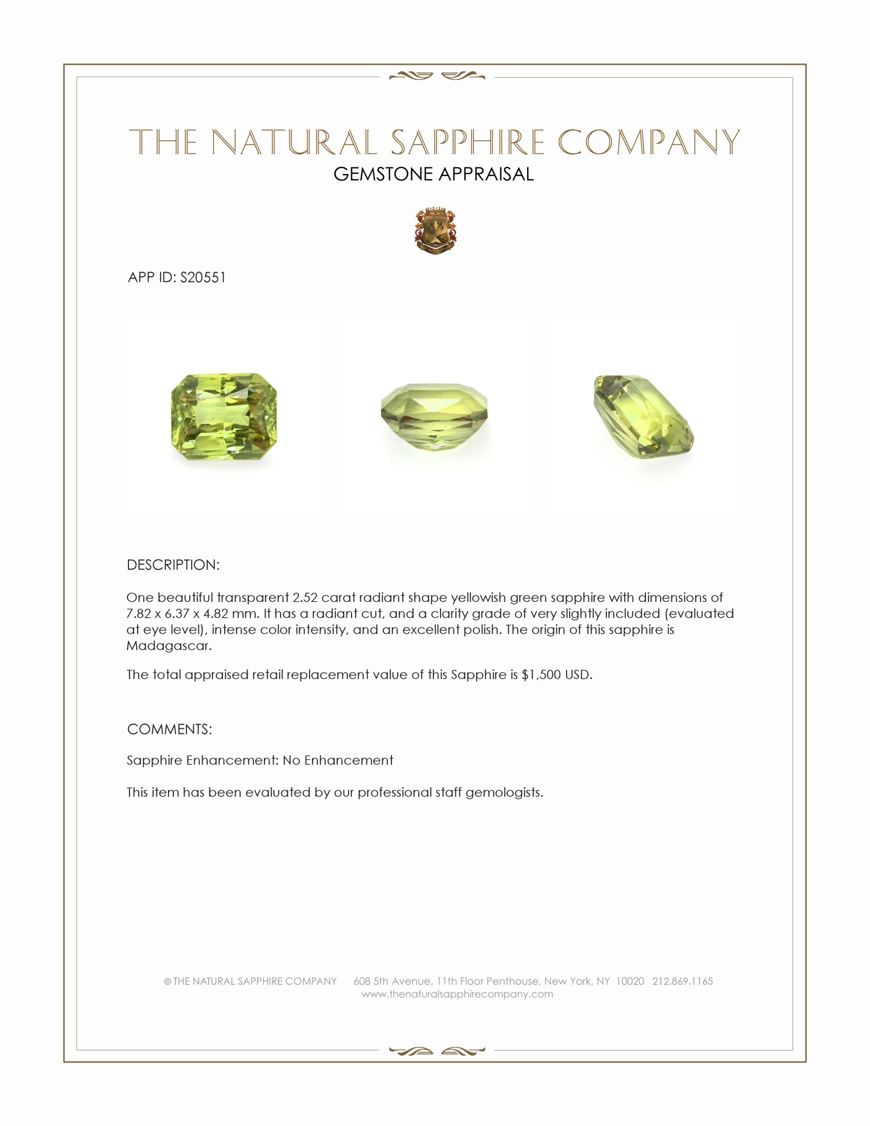 2.52 Ct. Yellowish Green Sapphire from Madagascar