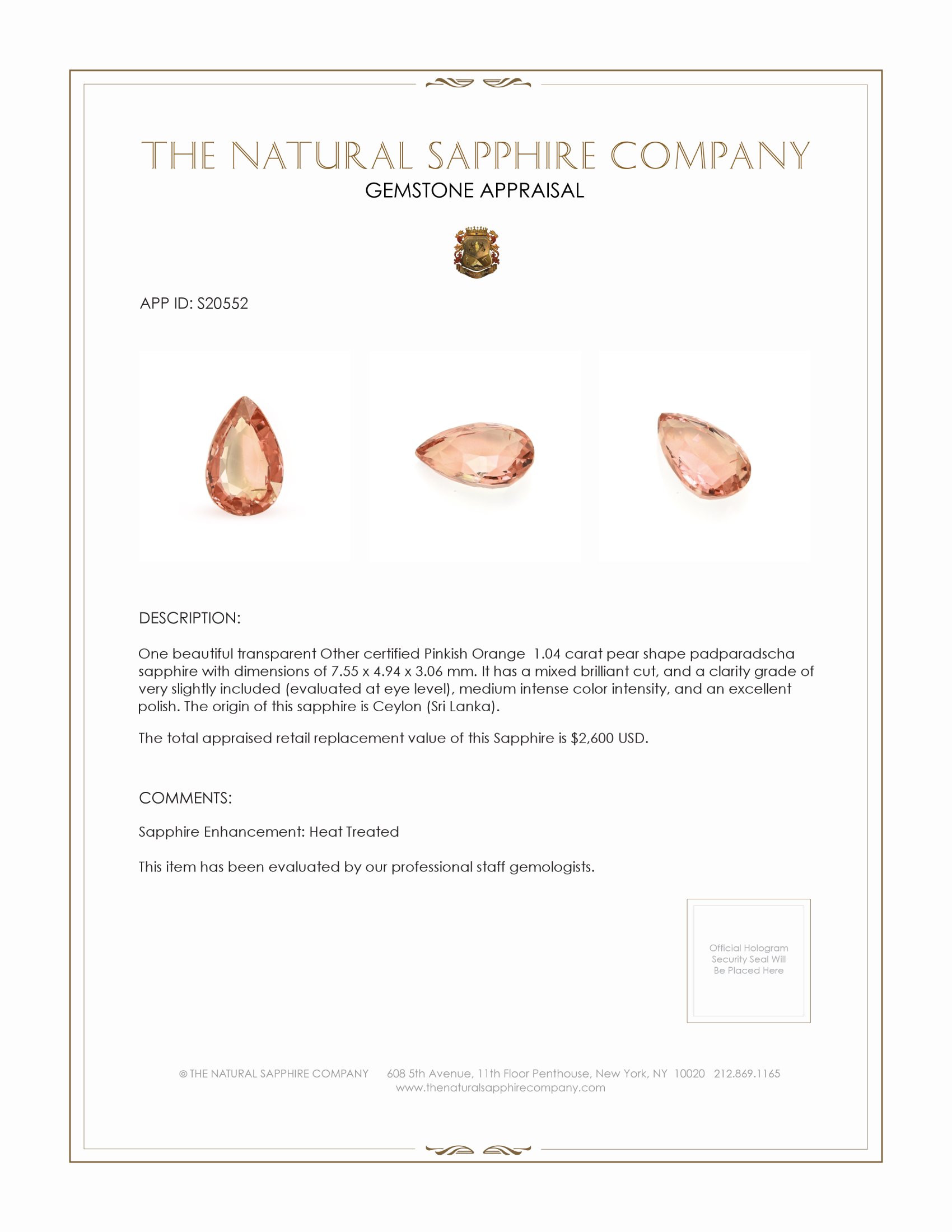 1.04 Ct. Padparadscha Sapphire from Ceylon (Sri Lanka)