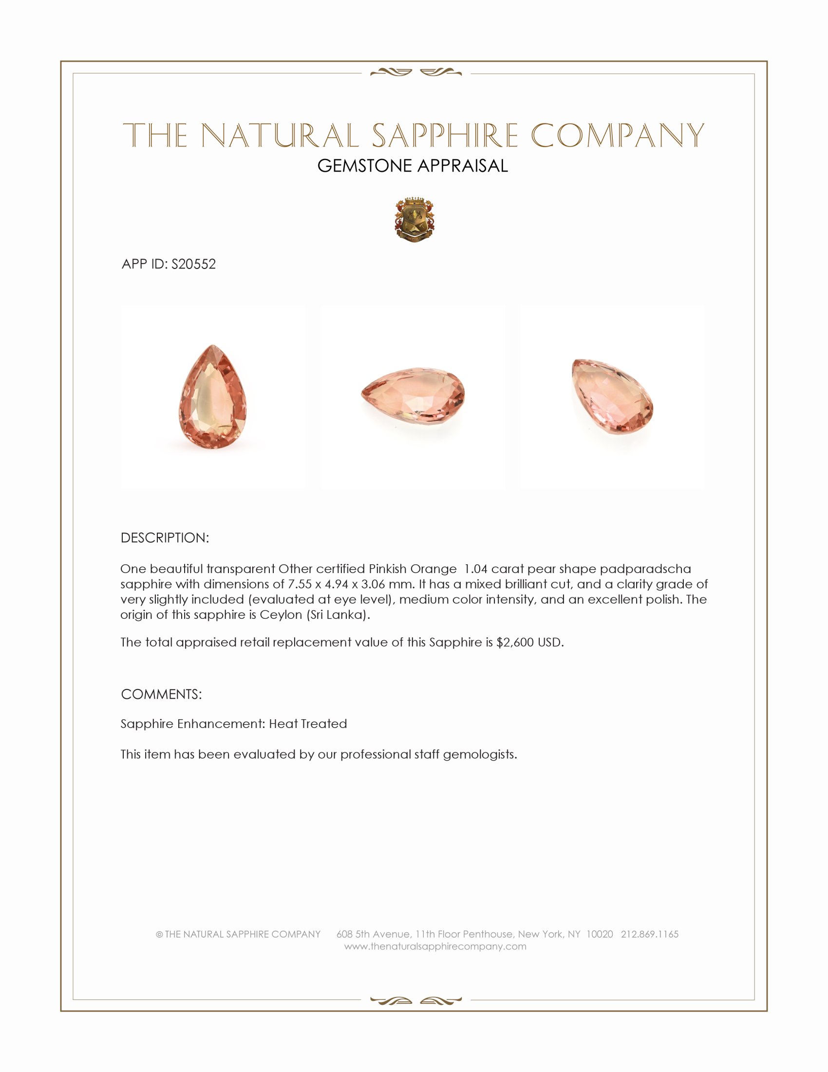 1.04 Ct. Padparadscha Sapphire from Ceylon (Sri Lanka)