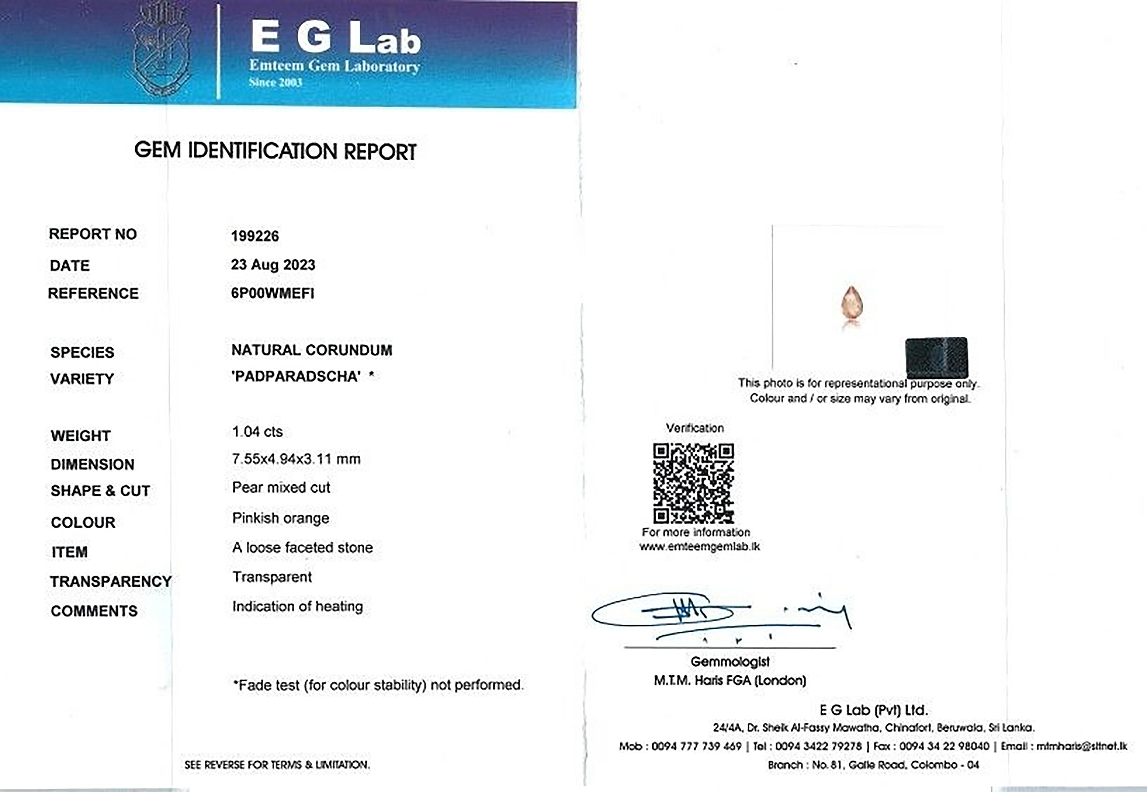 1.04 Ct. Padparadscha Sapphire from Ceylon (Sri Lanka)