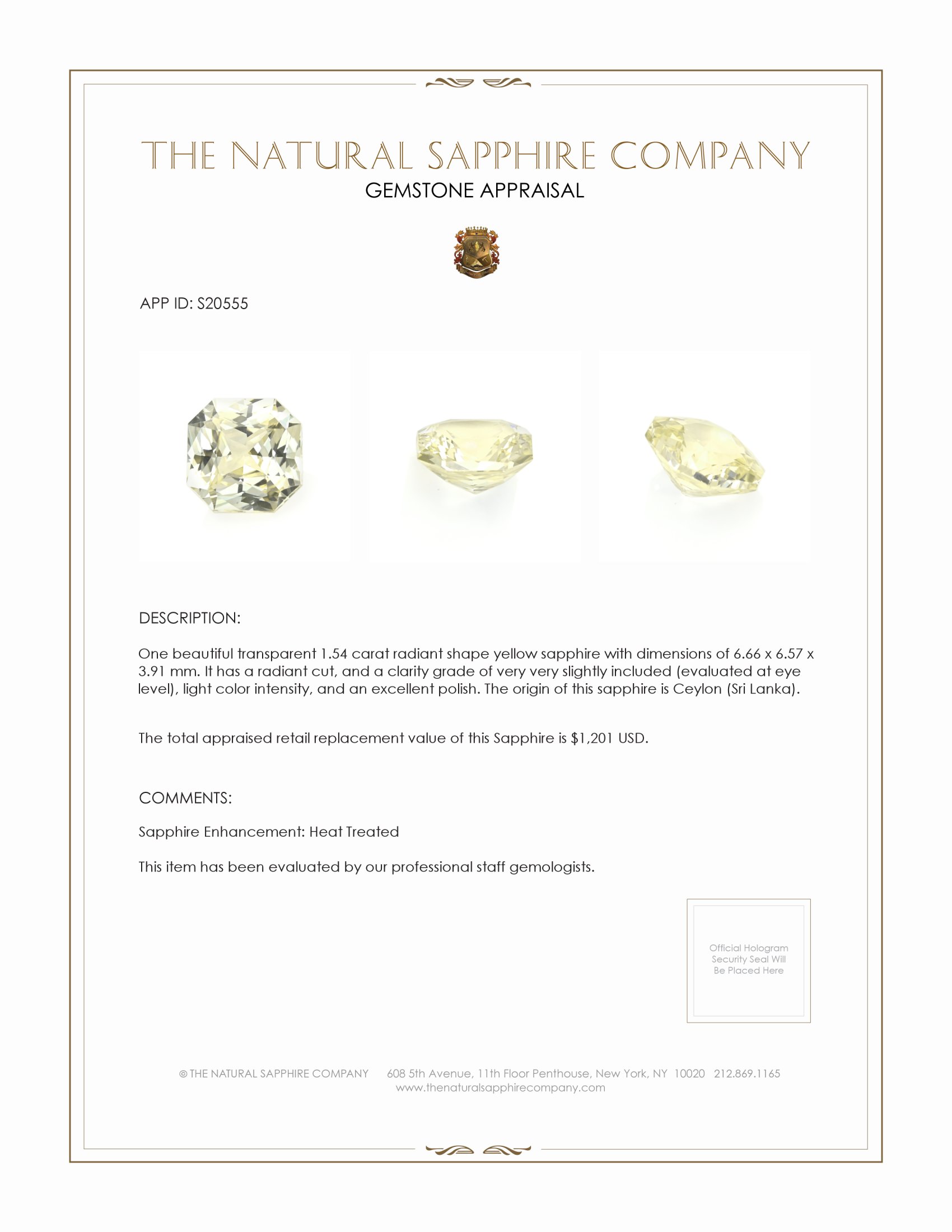 1.54 Ct. Yellow Sapphire from Ceylon (Sri Lanka)