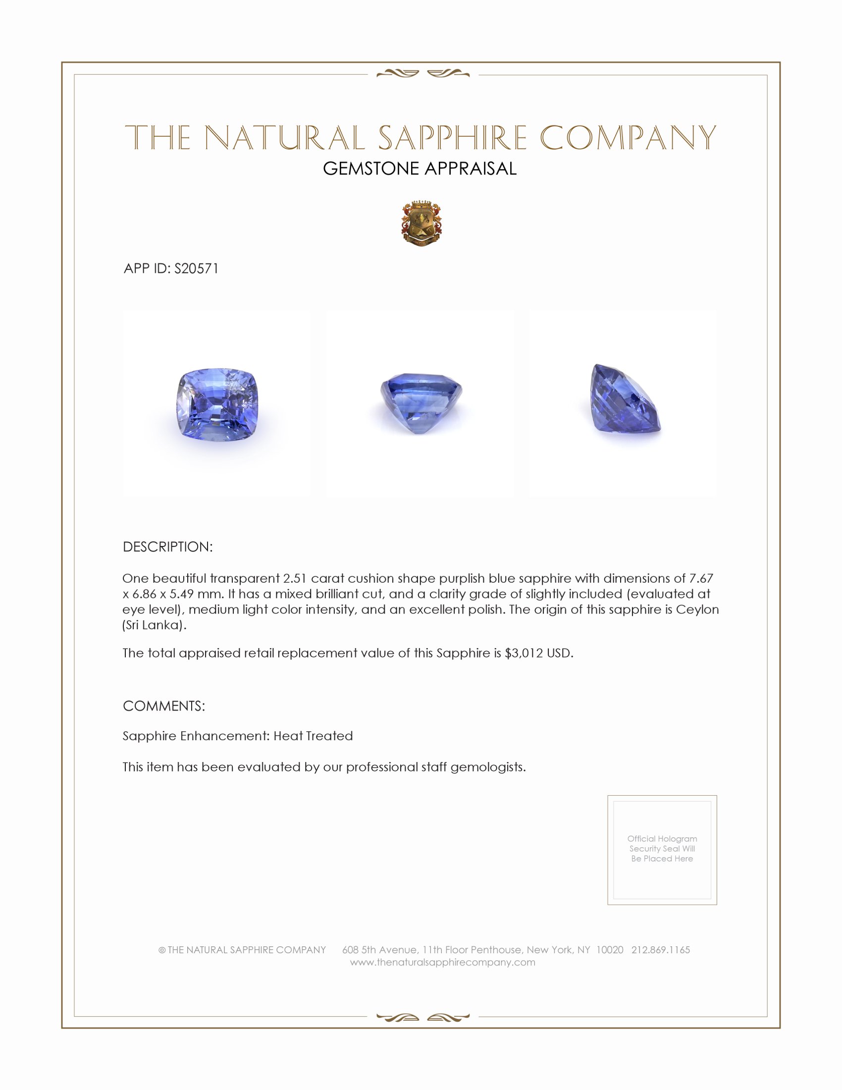 2.51 Ct. Purplish Blue Sapphire from Ceylon (Sri Lanka)