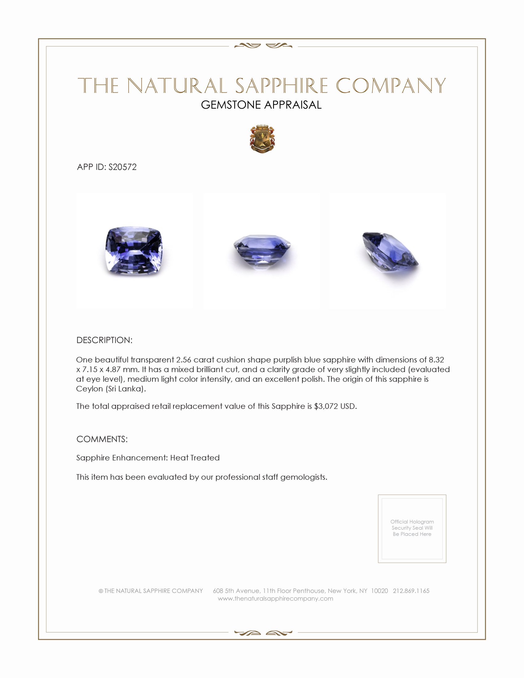 2.56 Ct. Purplish Blue Sapphire from Ceylon (Sri Lanka)