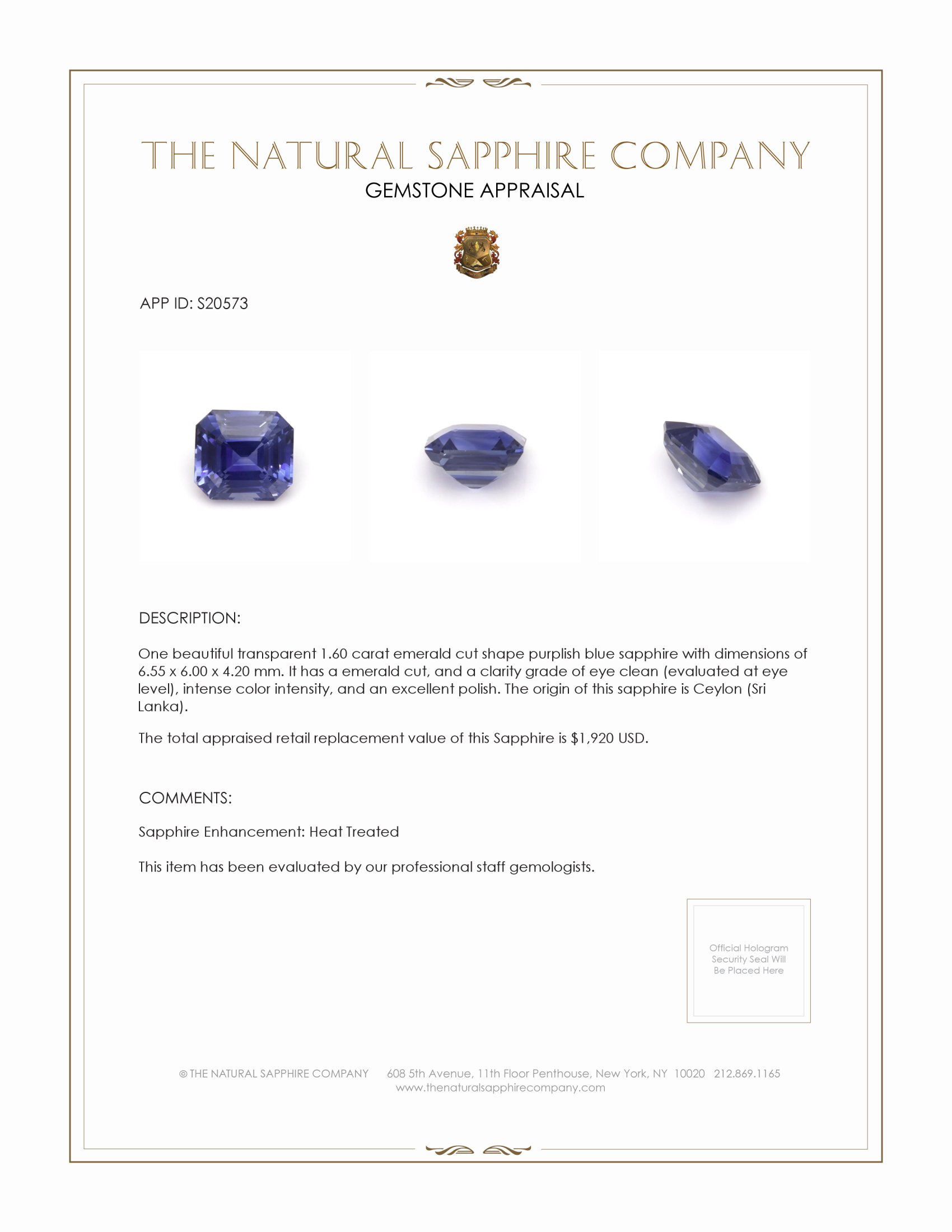 1.60 Ct. Purplish Blue Sapphire from Ceylon (Sri Lanka)