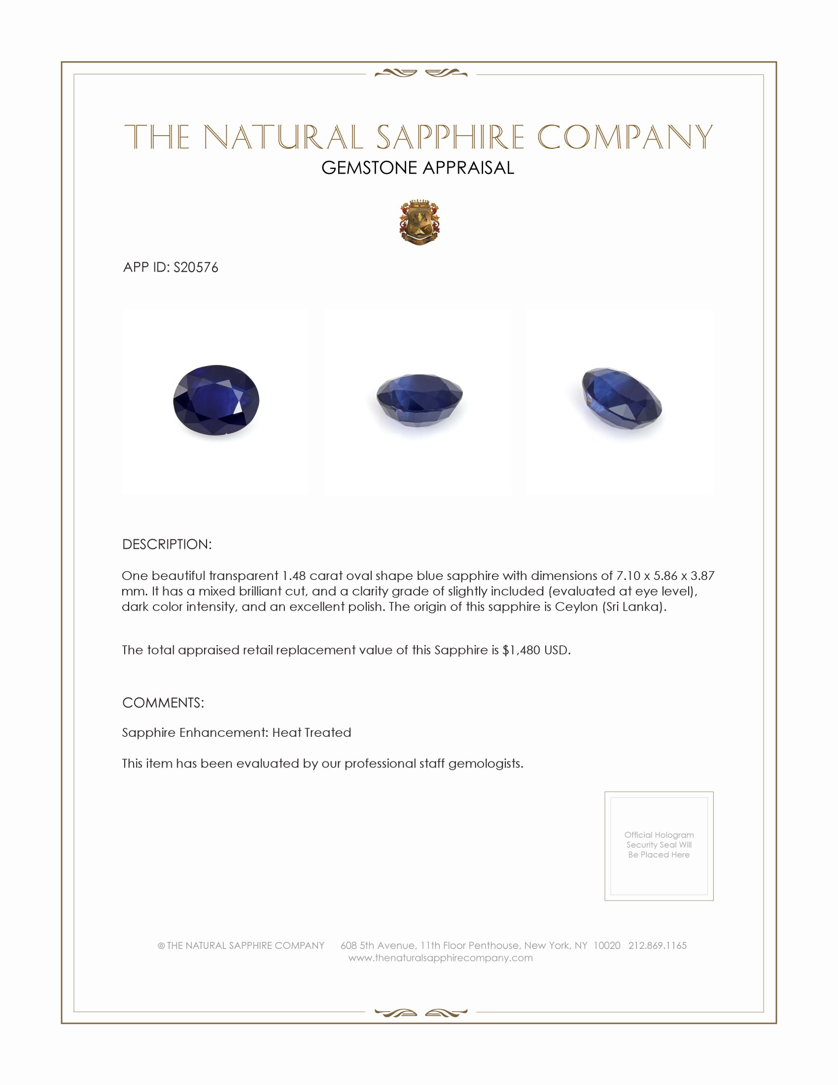 1.48 Ct. Blue Sapphire from Ceylon (Sri Lanka)