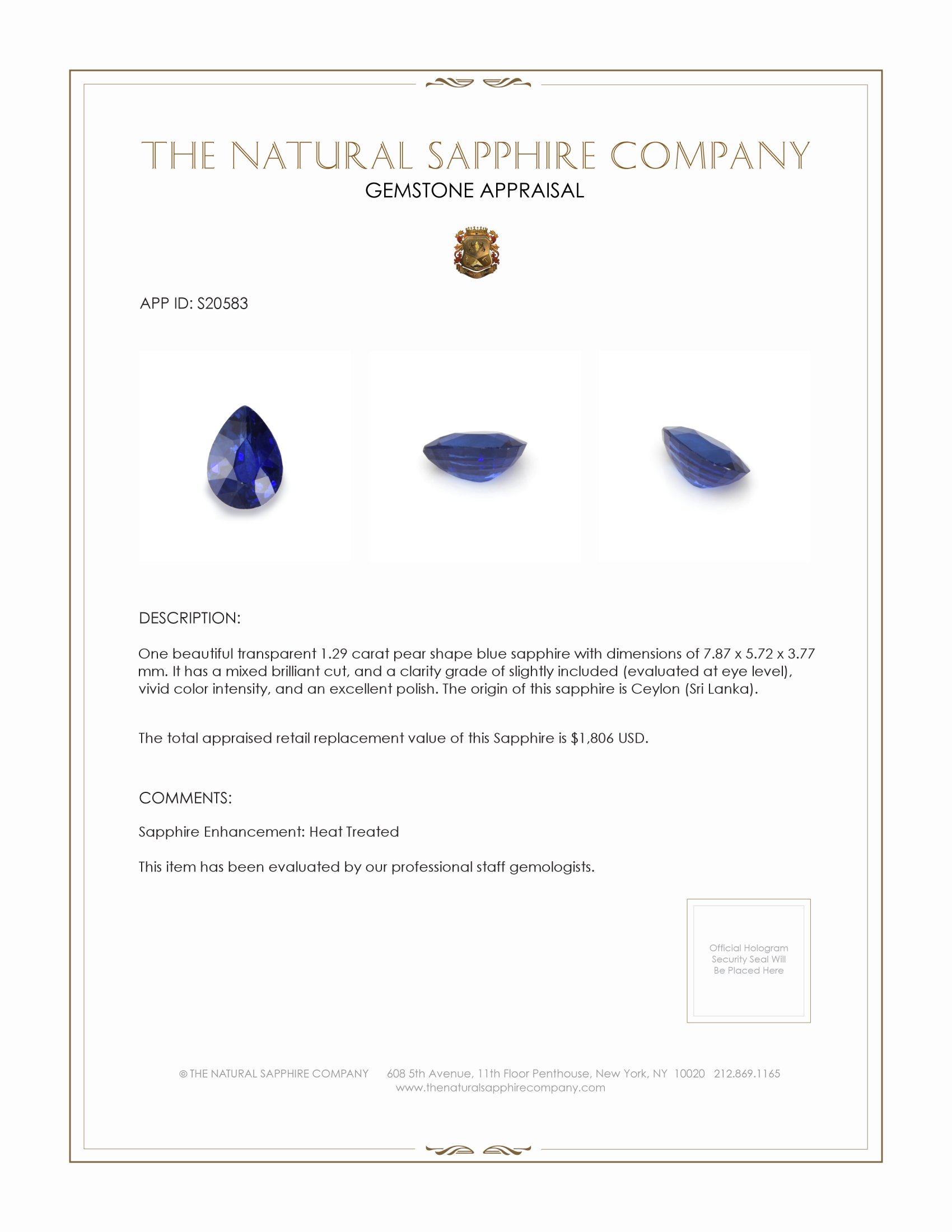 1.29 Ct. Blue Sapphire from Ceylon (Sri Lanka)