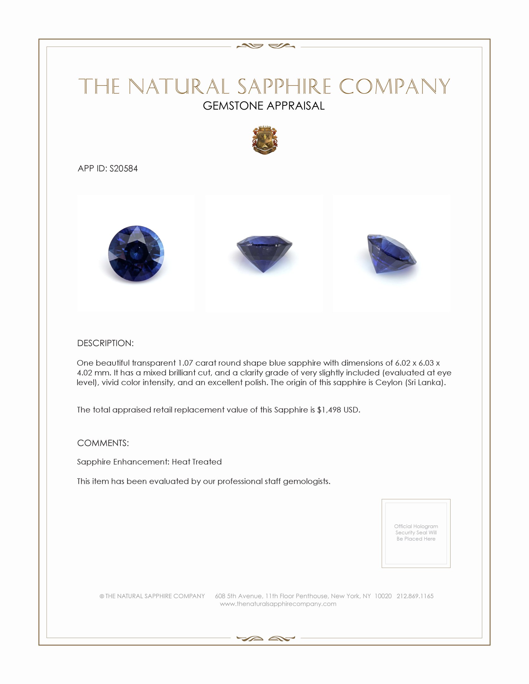 1.07 Ct. Blue Sapphire from Ceylon (Sri Lanka)