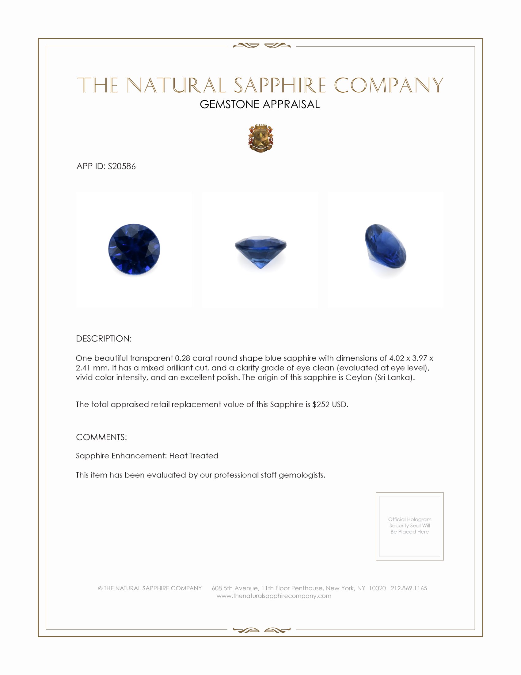 0.28 Ct. Blue Sapphire from Ceylon (Sri Lanka)
