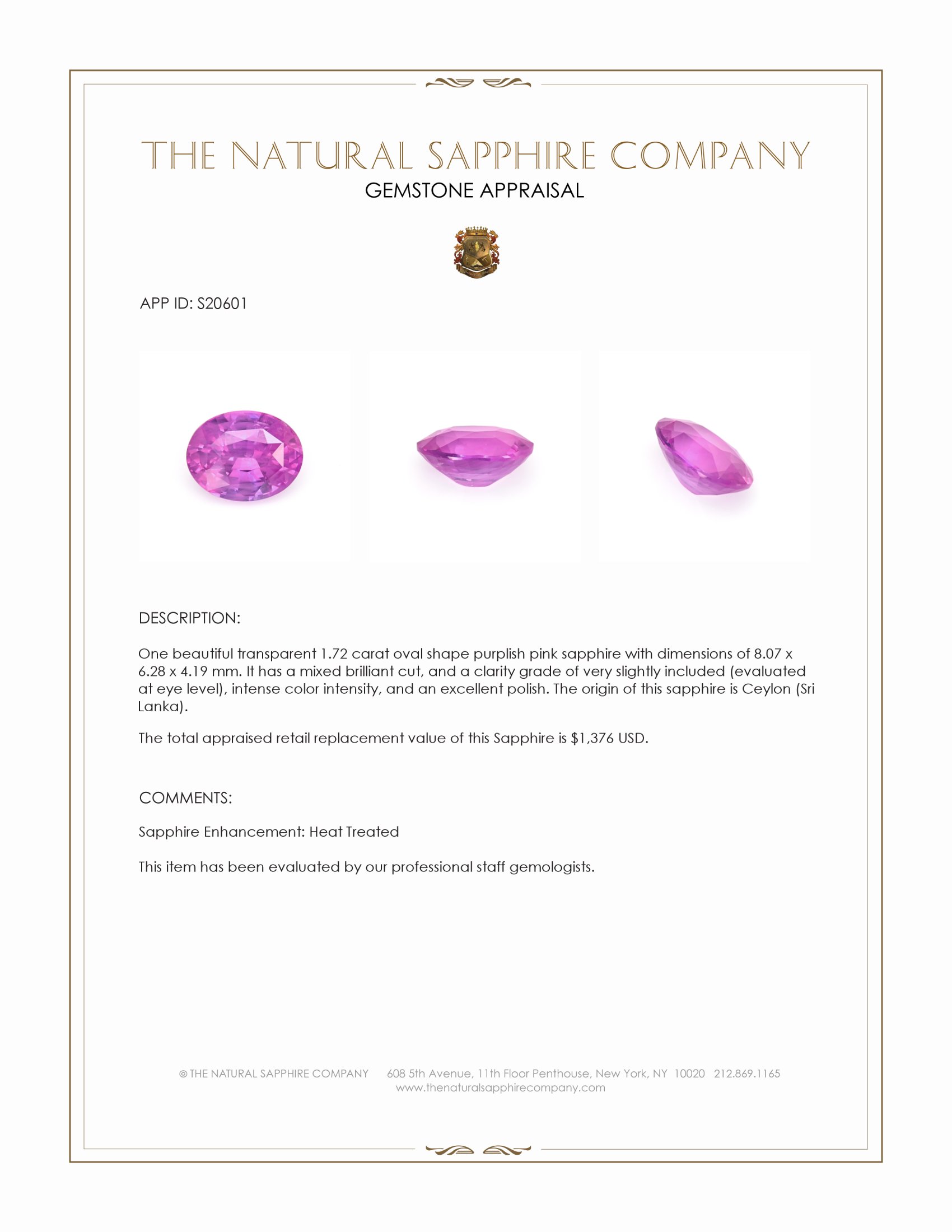 1.72 Ct. Purplish Pink Sapphire from Ceylon (Sri Lanka)