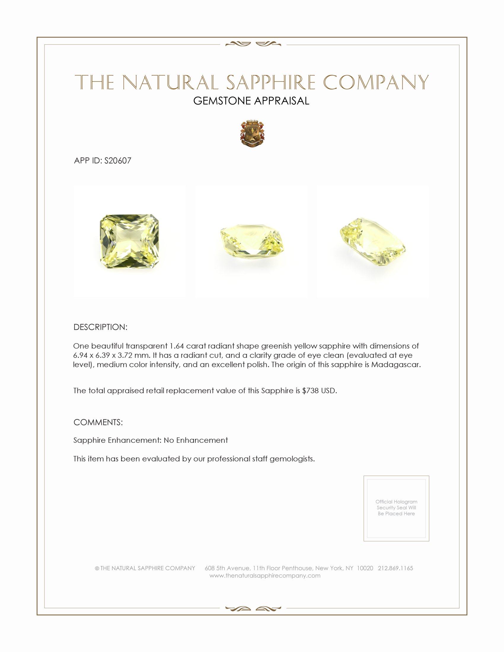 1.64 Ct. Greenish Yellow Sapphire from Madagascar