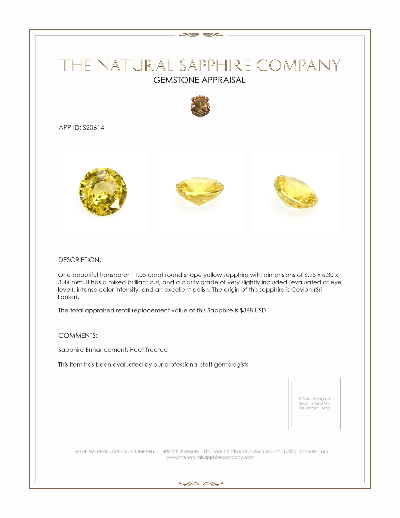 1.05 Ct. Yellow Sapphire from Ceylon (Sri Lanka)