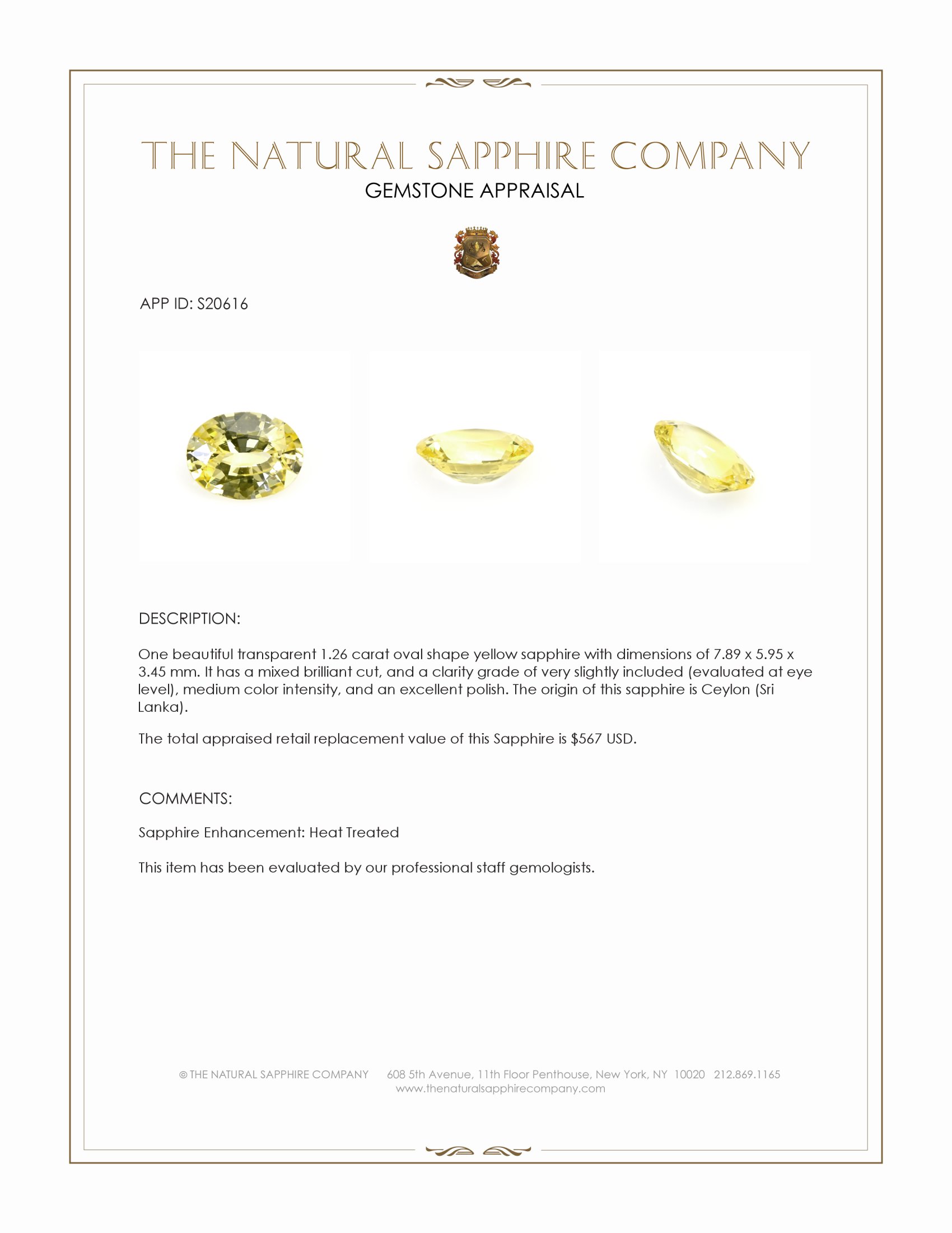 1.26 Ct. Yellow Sapphire from Ceylon (Sri Lanka)