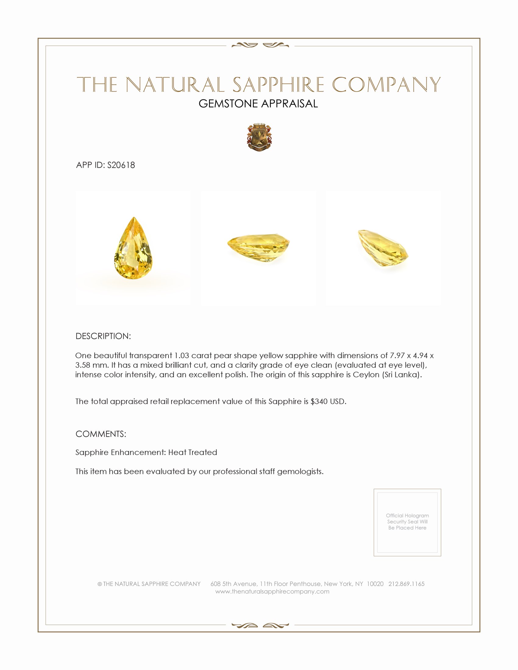 1.03 Ct. Yellow Sapphire from Ceylon (Sri Lanka)