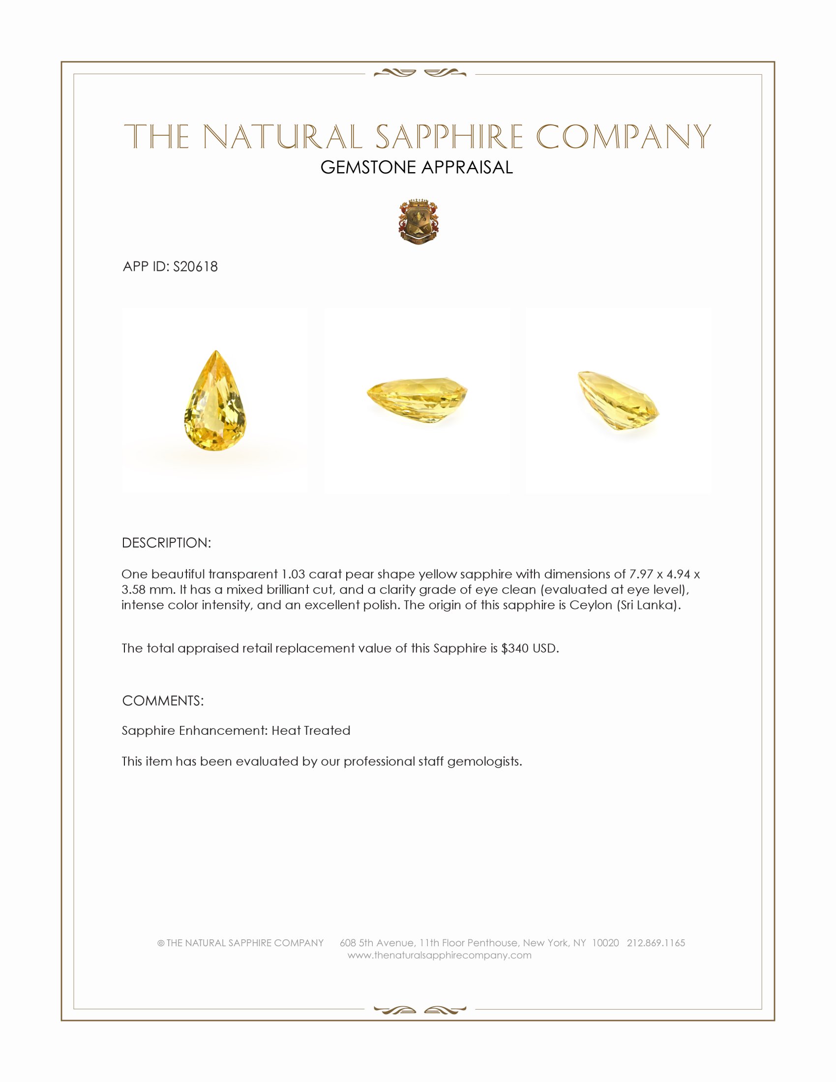 1.03 Ct. Yellow Sapphire from Ceylon (Sri Lanka)